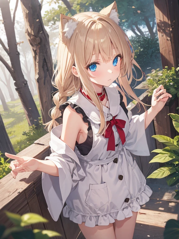 masterpiece, highest quality, Very detailed, 16k, Ultra-high resolution、Cowboy Shot, One 14-year-old girl, Detailed face, Perfect Fingers, Cat ears, blue eyes, Blonde, Braid, Sleeveless, Light clothing, in the forest, During a walk