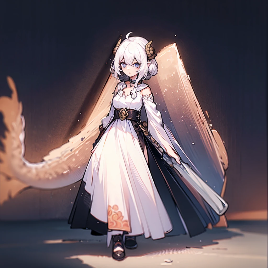 ((masterpiece)), ((bestquality)), 1 girl, solo, a 15-year-old girl, white hair, blue eyes, detailed face, dragonian_head, dragonian_body, dragonian_hairstyle, dragonian_horns, dragonian_tail, white tail, white long dress, black choker, close range, holding hammer, hammer, weapon, white blank background