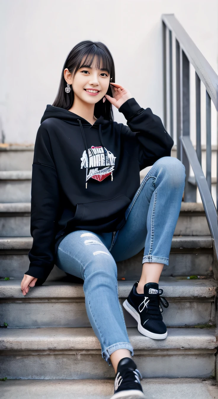 highest quality, Realistic, Very detailed, Finer details, High resolution, 8k wallpaper, One beautiful woman,Sit on the stairs、smile、、（Black socks） Oversized hoodie, Skinny jeans,（ Black sneakers）、Black Hair、 Beautiful Bangs、ear piercing、Perfect dynamic composition, Beautiful and detailed, Full Body Shot, A big smile waiting to start
