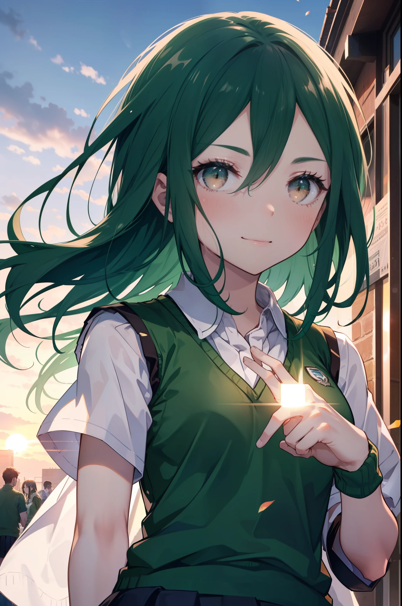 CruschKarsten, Crusch Karsten, Long Hair, Hair between the eyes, Green Hair, (Brown eyes:1.4),smile,,
Armband, White shirt,Short sleeve,Sweater vest, (green Sweater vest:1.5),Black pleated skirt,Black socks,Brown Loafers,whole bodyがイラストに入るように,Sunset,evening,The sun is setting,歩いている
break outdoors, School　courtyard,
break looking at viewer,whole body,
break (masterpiece:1.2), highest quality, High resolution, unity 8k wallpaper, (shape:0.8), (Beautiful and beautiful eyes:1.6), extレムely detailed face, Perfect lighting, extレムely detailed CG, (Perfect hands, Perfect Anatomy),