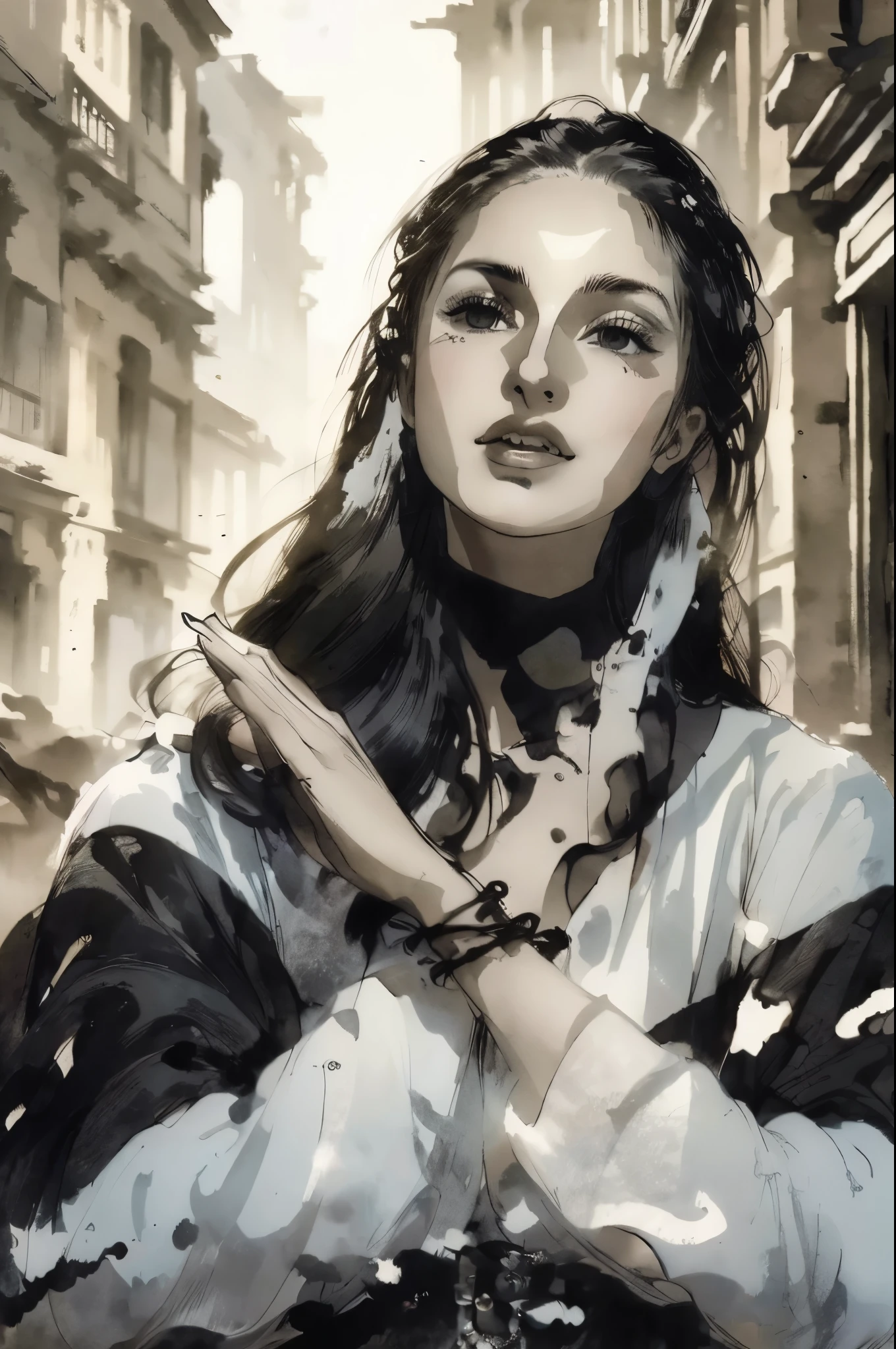 black and white tones:1.3, masterpiece, best quality, tradition chinese ink watercolor paintings:1.2, use thick and light inks to create light and dark changes and layers, a beautiful 20s french model, ultra detailed face
