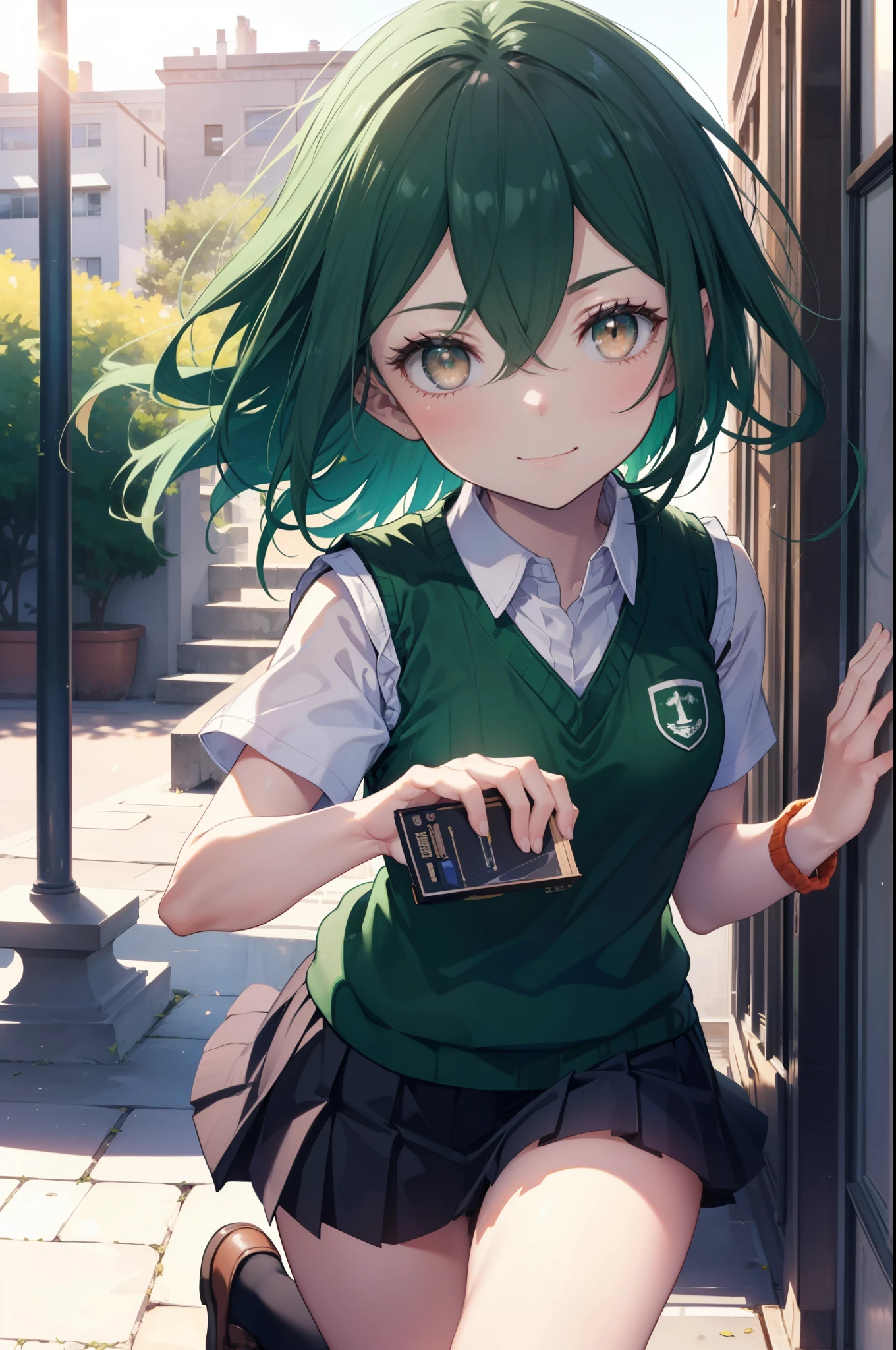 CruschKarsten, Crusch Karsten, Long Hair, Hair between the eyes, Green Hair, (Brown eyes:1.4),smile,,
Armband, White shirt,Short sleeve,Sweater vest, (green Sweater vest:1.5),Black pleated skirt,Black socks,Brown Loafers,whole bodyがイラストに入るように,Sunset,evening,The sun is setting,歩いている
break outdoors, School　courtyard,
break looking at viewer,whole body,
break (masterpiece:1.2), highest quality, High resolution, unity 8k wallpaper, (shape:0.8), (Beautiful and beautiful eyes:1.6), extレムely detailed face, Perfect lighting, extレムely detailed CG, (Perfect hands, Perfect Anatomy),