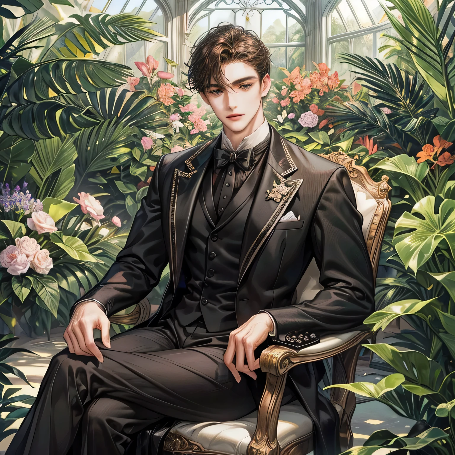Handsome man, looking at the viewer. The man has dark brown hair and grey eyes. Wearing a black Victorian formal suit. Background is in a greenhouse garden full of flowers, sitting down on a chair. High detailed eyes and face. Adult men.