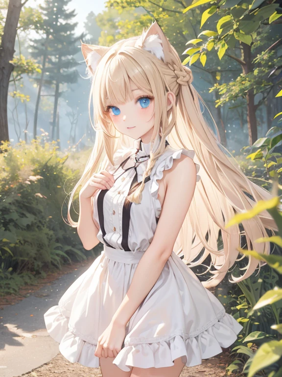 masterpiece, highest quality, Very detailed, 16k, Ultra-high resolution、Cowboy Shot, One **-****-*** girl, Detailed face, Perfect Fingers, Cat ears, blue eyes, Blonde, Braid, Sleeveless, Light clothing, in the forest, During a walk