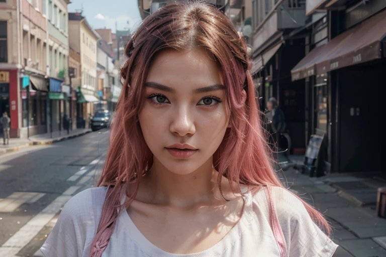 beautiful korean model with pink hair using a white t-shirt, detail face, she have a very bright eyes, realistic face, detail face, realistic skin, skin pore, vibrant, dramatic lighting, 8k resolution picture, high detail on the photo, very realistic picture, dramatic lighting, fullbody, depth, shadow, dramatic shadow, one of a kind photo, sharp photo, sharpness on the detail, looking at viewer, view from front, half body view, (((Best Quality, masutepiece: 1.3)), long hair, ultra high res. photorealistic:.1.4, street background, standing straight to the camera view, cinematic lighting, bloom, film grain, Fujicolor, high quality, masterpiece, 8K, UHD, UHD, retina, textured skin, super detail, high details, highres, 16k resolution, award winning, high quality, high details, super detail, long hair