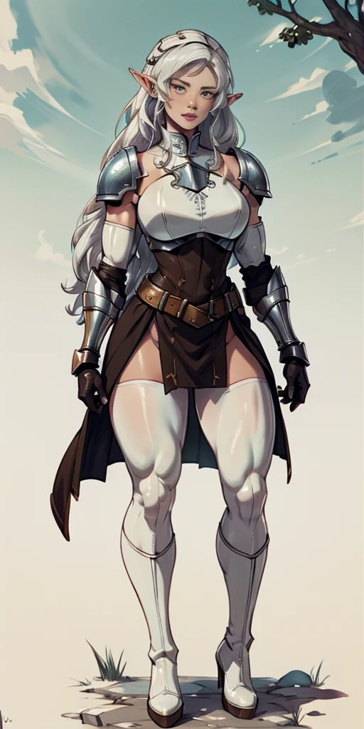masterpiece, best quality, high quality, white SKIN elf, long hair, white hair, yellow eyes, full body, def_effie, blue breastplate, white skin, looking at viewer, shiny armor, thigh highs, high boots, shoulder armor, faulds, poleyn, gloves, gauntlets