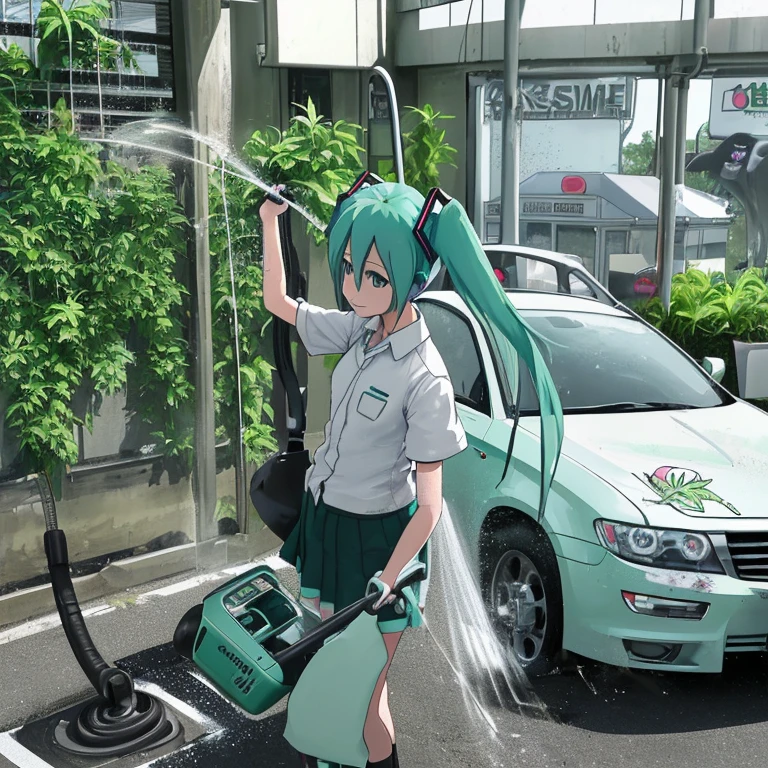 Hatsune Miku spraying weed killer at a used car dealership Big Motor