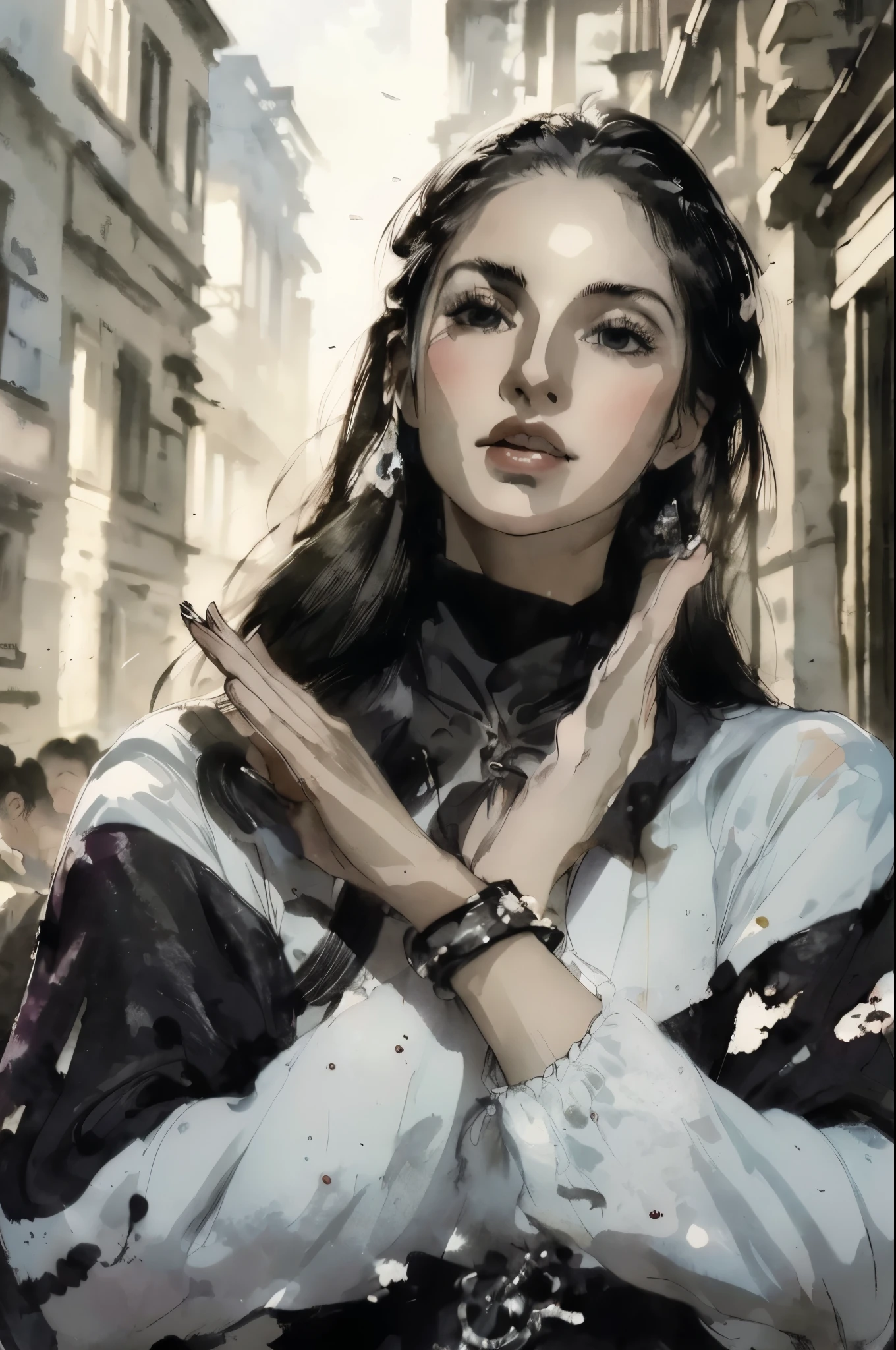 black and white tones:1.3, masterpiece, best quality, tradition chinese ink watercolor paintings:1.2, use thick and light inks to create light and dark changes and layers, a beautiful 20s french model, ultra detailed face
