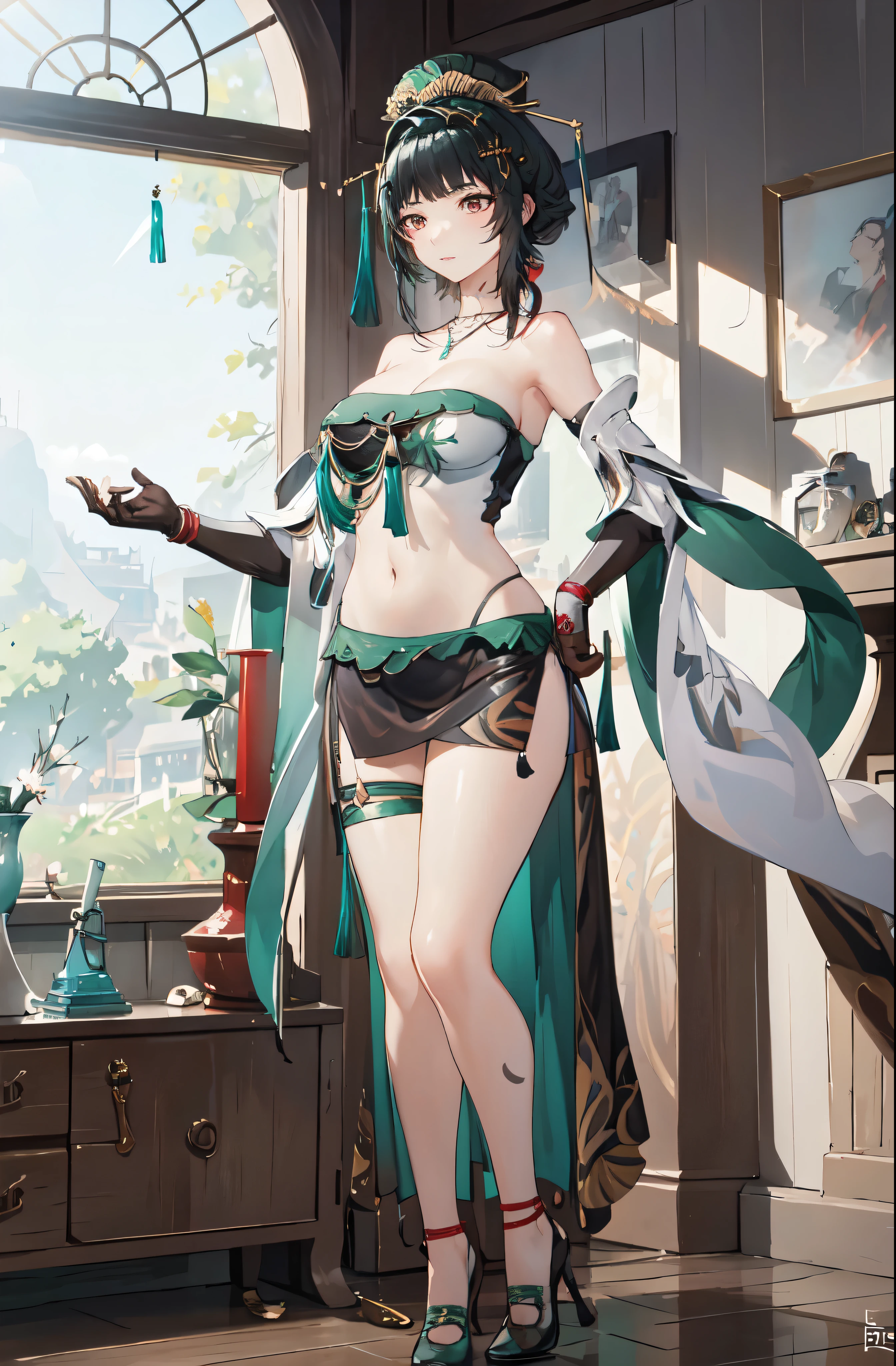 masterpiece, best quality BREAK solo, china dress, highres, 1girl, standing, (large breasts), mature female, hanying, Full body drawing, (masterpiece), (best quality), (hyperdetail), (illustration), ((extremely delicate and beautiful)), (detailed light), (prefect's body), full body drawing, Hanying, HanYing, sexy, sexy belly, sexy belly line, sexy belly button