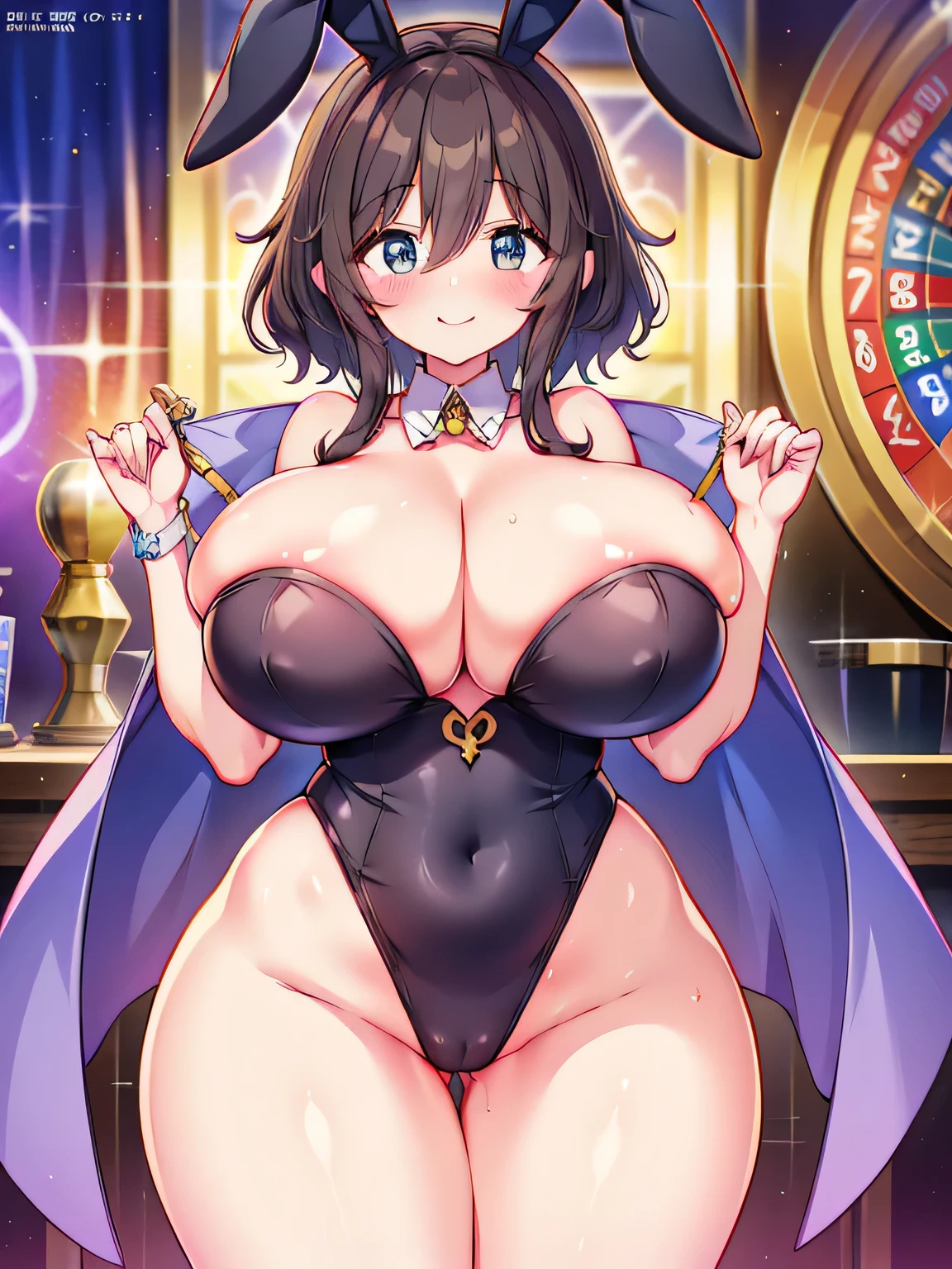 Anime illustration、highest quality、cyber punk、Fantasy、A voluptuous, sexy bunny girl with dark brown skin、Bunny ears、A large and luxurious casino、Slot Machineagic giant roulette wheel、Big Breasts、Thick thighs、Beautiful, shining eyes、Cowboy Shot、smile、Noise Reduction