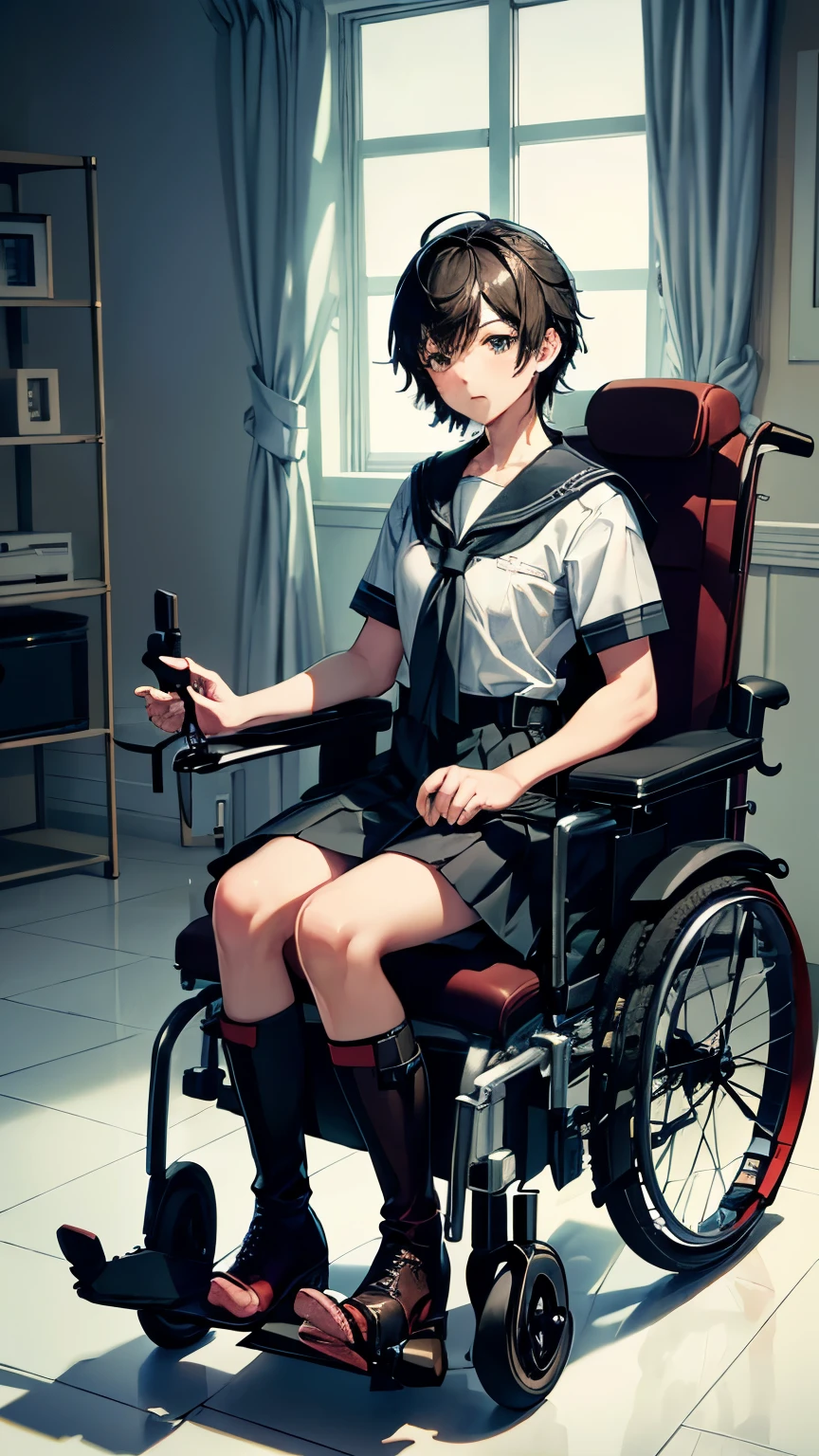 (Super detailed, realistic), hospital scene, [Moderate:oil], [Professional:1.1], [Physically based rendering], [Bright colors], [sharp focus], [studio lighting], [extreme details], [highest quality,4k,8K,high res,masterpiece:1.2],(full body),inside the house,inside the room,((1 boy aged 18,femboy,trap)),(short black hair),(dark), [nervous eyes],(high school girl uniform,sailor suit,pleated skirt,braced in legs,boots in race up),((ride in an electric wheelchair)),((operate a power wheelchair))