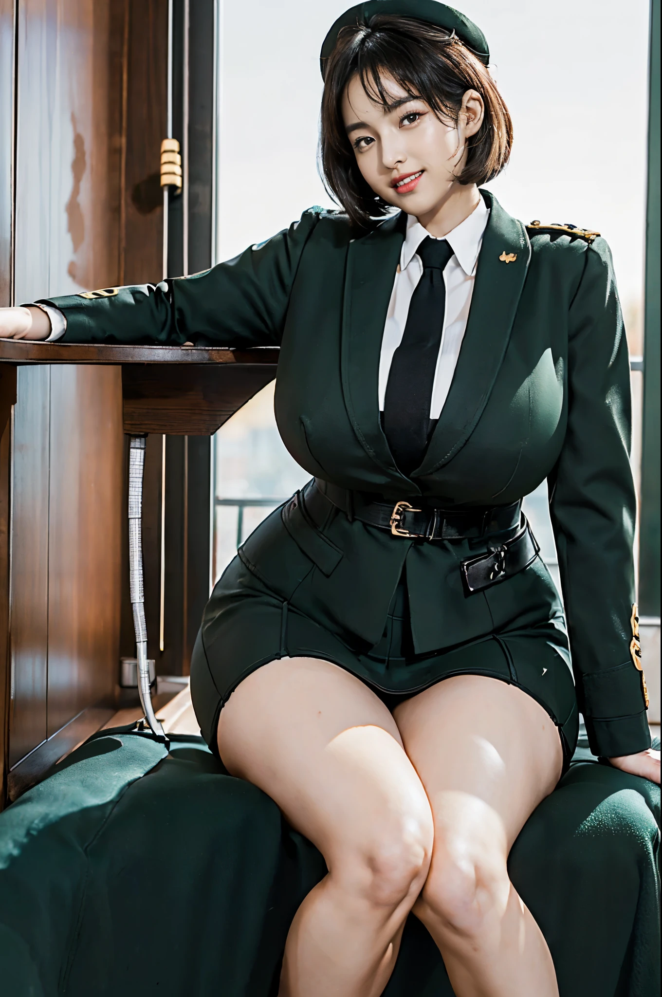Usually detailed CG Unity 8K wallpaper，（tmasterpiece），（Best quality at best），（ultra - detailed），（ultra real photo），（best character detail：1.36），Nikon D750F / 1.4 55mm，RAW photos，profesional lighting， physically-based renderingt, 1 plump girl, girl soldier，(Dark green military uniform，Business suit，Fabric texture military uniform, perfect military composure)，(black necktie)，((white panty,))，bare-legged，Plump thighs,(military hat)，((Large wavy curls,curly hair, hair behind ear, (bob cut)):1.2)，the golden ratio,[:(Have a delicate face:1.2):0.2]:，PureErosFace_V1，Dark thick eyebrows,(gigantic breasts:1.55),(gigantic ass),(Plump thighs:1.45),(Wide crotch:1.55),((Place your finger to your breast):1.4)，Close-up shot，((Smile full of confidence， shy):1.35)，(((Close-up of panties),(Close-up of chest,closeup of face),Front view))，(Sunset sky，gentlesunlight，sunshine on face，(light shining on face)，blue-sky，Sunny smile，light glow)，white teeth，(looking at me)，(((thicc, bbwchan, thick thight, Wide hips, Buttocks swell crazily,🐎🍑,(Spread your legs widely:1.2),attractive pose,sexy pose,there  a woman in uniform sitting on a platform with her legs crossed, bare thighs, bare legs, seductive smile, film grain, cinematic lighting) )，azur lane style),spread legs,((Red flags fluttering)),black eyes，glowing skin，snow white skin，(Very close shot),(strong woman),
