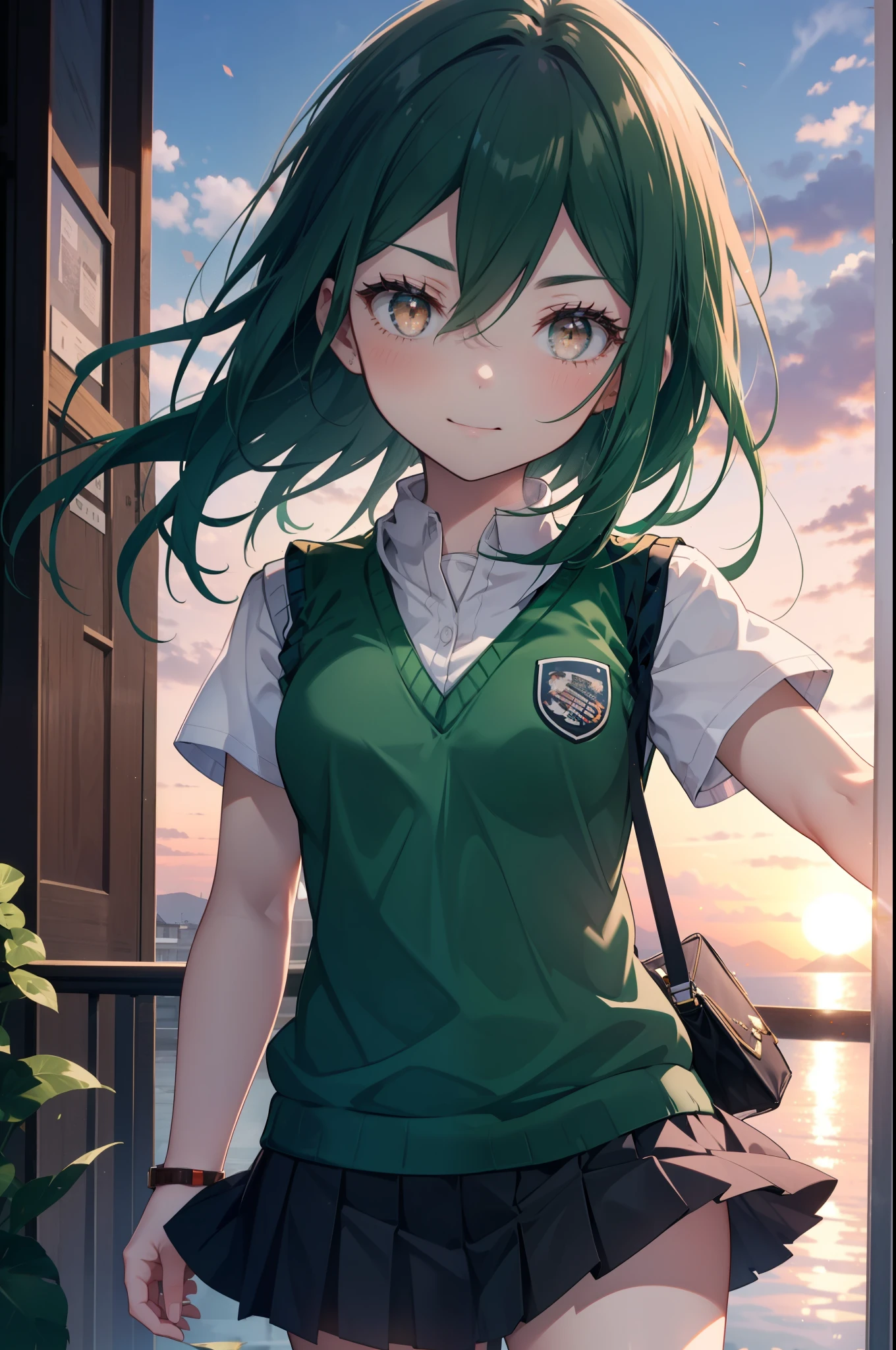 CruschKarsten, Crusch Karsten, Long Hair, Hair between the eyes, Green Hair, (Brown eyes:1.4),smile,,
Armband, White shirt,Short sleeve,Sweater vest, (green Sweater vest:1.5),Black pleated skirt,Black socks,Brown Loafers,whole bodyがイラストに入るように,Sunset,evening,The sun is setting,歩いている
break outdoors, School　courtyard,
break looking at viewer,whole body,
break (masterpiece:1.2), highest quality, High resolution, unity 8k wallpaper, (shape:0.8), (Beautiful and beautiful eyes:1.6), extレムely detailed face, Perfect lighting, extレムely detailed CG, (Perfect hands, Perfect Anatomy),