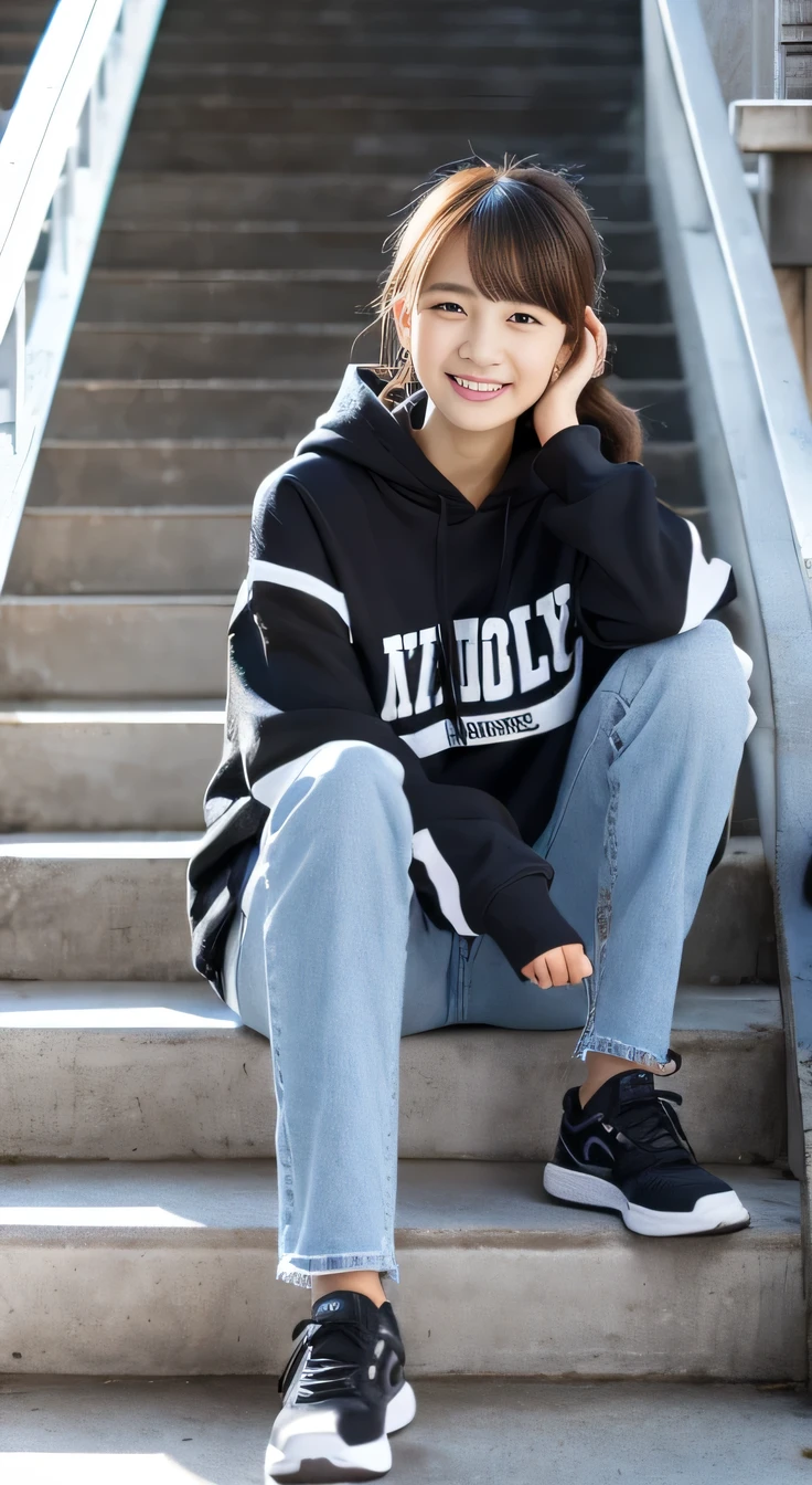 highest quality, Realistic, Very detailed, Finer details, High resolution, 8k wallpaper, One beautiful woman,Sit on the stairs、smile、、(Black socks) Oversized hoodie, Skinny jeans,( Black sneakers)、Black Hair、 Beautiful Bangs、ear piercing、Perfect dynamic composition, Beautiful and detailed, Full Body Shot, A big smile waiting to start