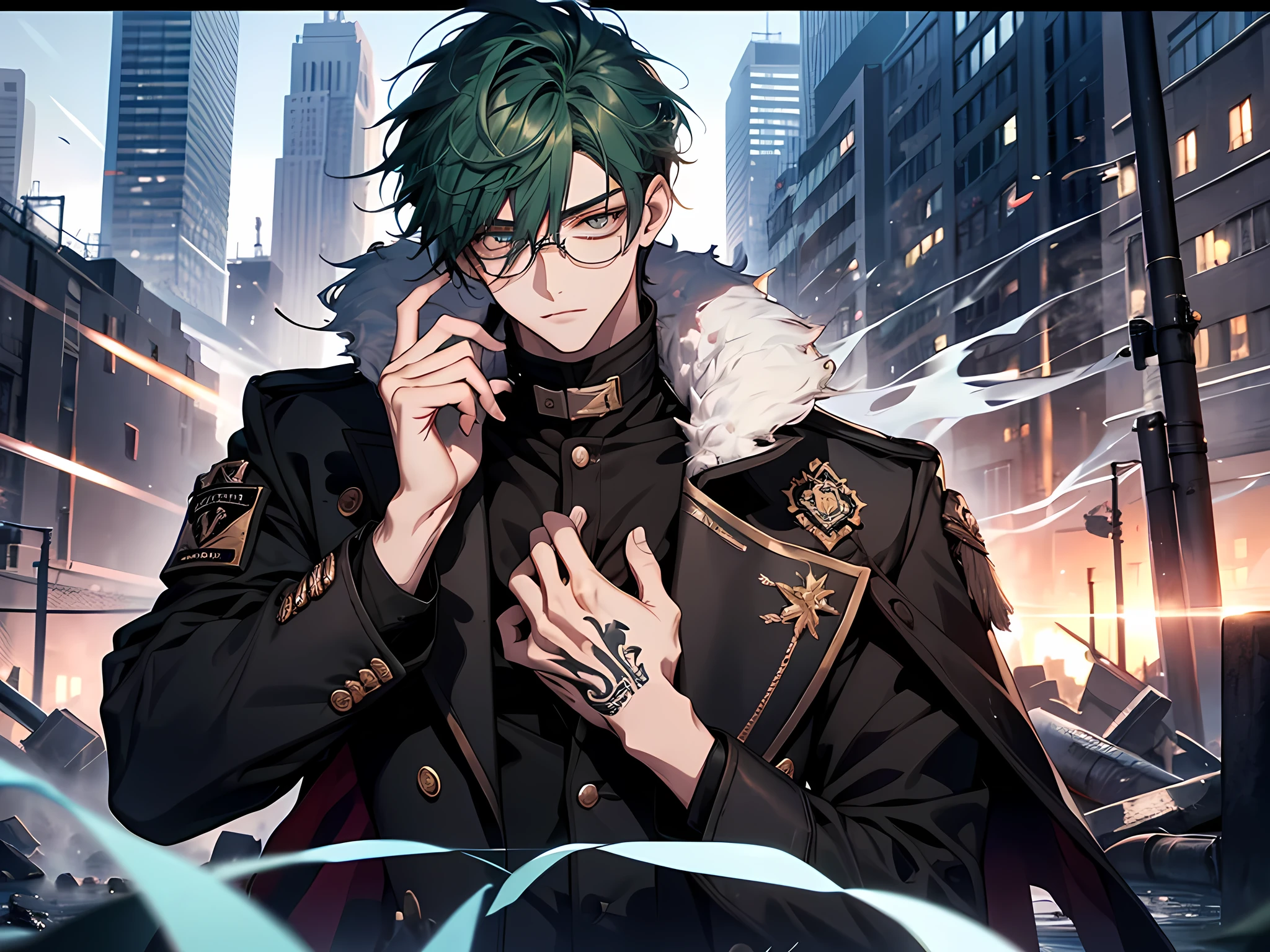 1 boy 21 years old, aura, city ruins_background, green_eyes, navy hair, wicked, coat, Black, Blazing, high_Collar, long_hand, looking VVtop_V_viewer, male_Focus,Upper body_Body, white_, sports, V glasses, V cheronm, V black jeans, finger detail, A lot of smoke, tattoos all over the body, All V black, detailed eyes, eyes extremely detailed, half-body:0.6,
