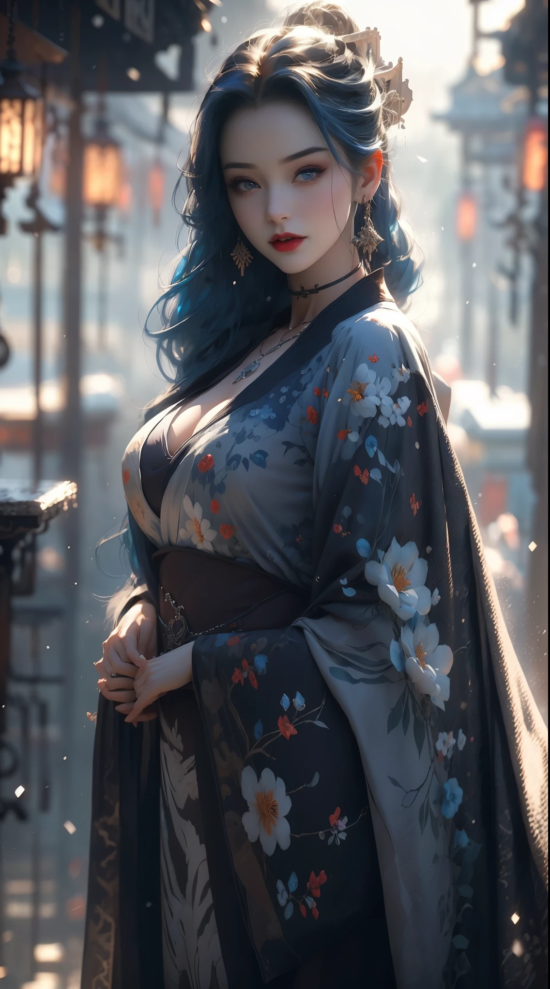 1 beautiful woman, 20 years old, bright blue hair, pale white skin (realistic skin details, realistic skin), bright blue eyes (very detailed and vivid eyes), red lips, makeup, necklace, earrings, choker, accessories, perfect body , perfect abs, perfectly round butt, cleavage, tight kimono, kimono with blue details, looking at the viewer, fox ears, sexy pose, in the background a bamboo forest, snowy forest (many details in the environment), (particles of snow in the air), (masterpiece), (Photorealistic), (8K), (realistic lighting),