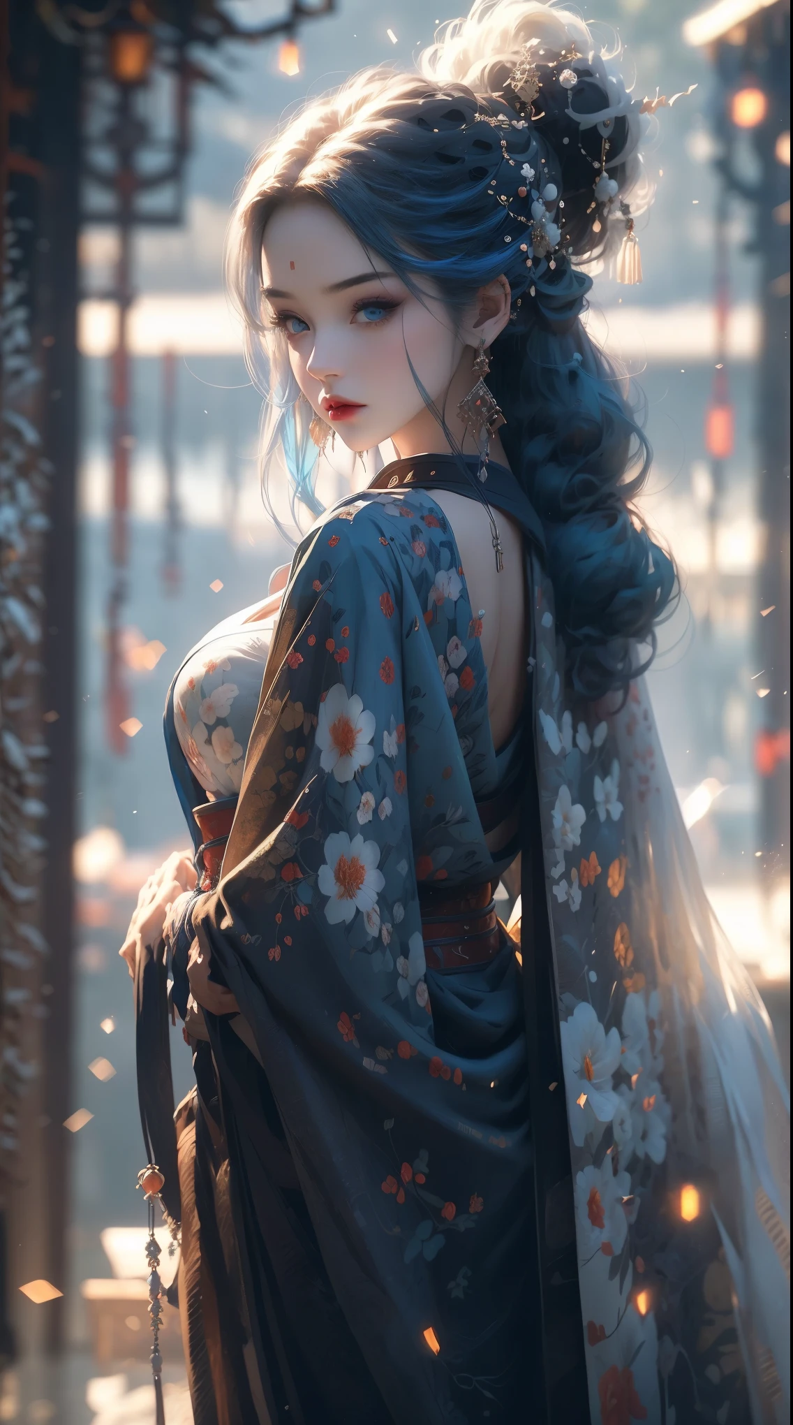 1 beautiful woman, 20 years old, bright blue hair, pale white skin (realistic skin details, realistic skin), bright blue eyes (very detailed and vivid eyes), red lips, makeup, necklace, earrings, choker, accessories, perfect body , perfect abs, perfectly round butt, cleavage, tight kimono, kimono with blue details, looking at the viewer, fox ears, sexy pose, in the background a bamboo forest, snowy forest (many details in the environment), (particles of snow in the air), (masterpiece), (Photorealistic), (8K), (realistic lighting),