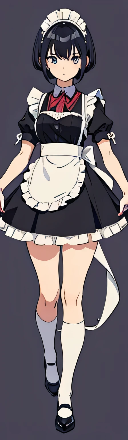 A tsundere maid, angry, blushing, embarrassed, frilly dress, short skirt, short hair, pigtails, sleek legs, young, shiver, curved back, looking back, back view, rear focus, maid outfit, thin skirt, panties showing, bent over