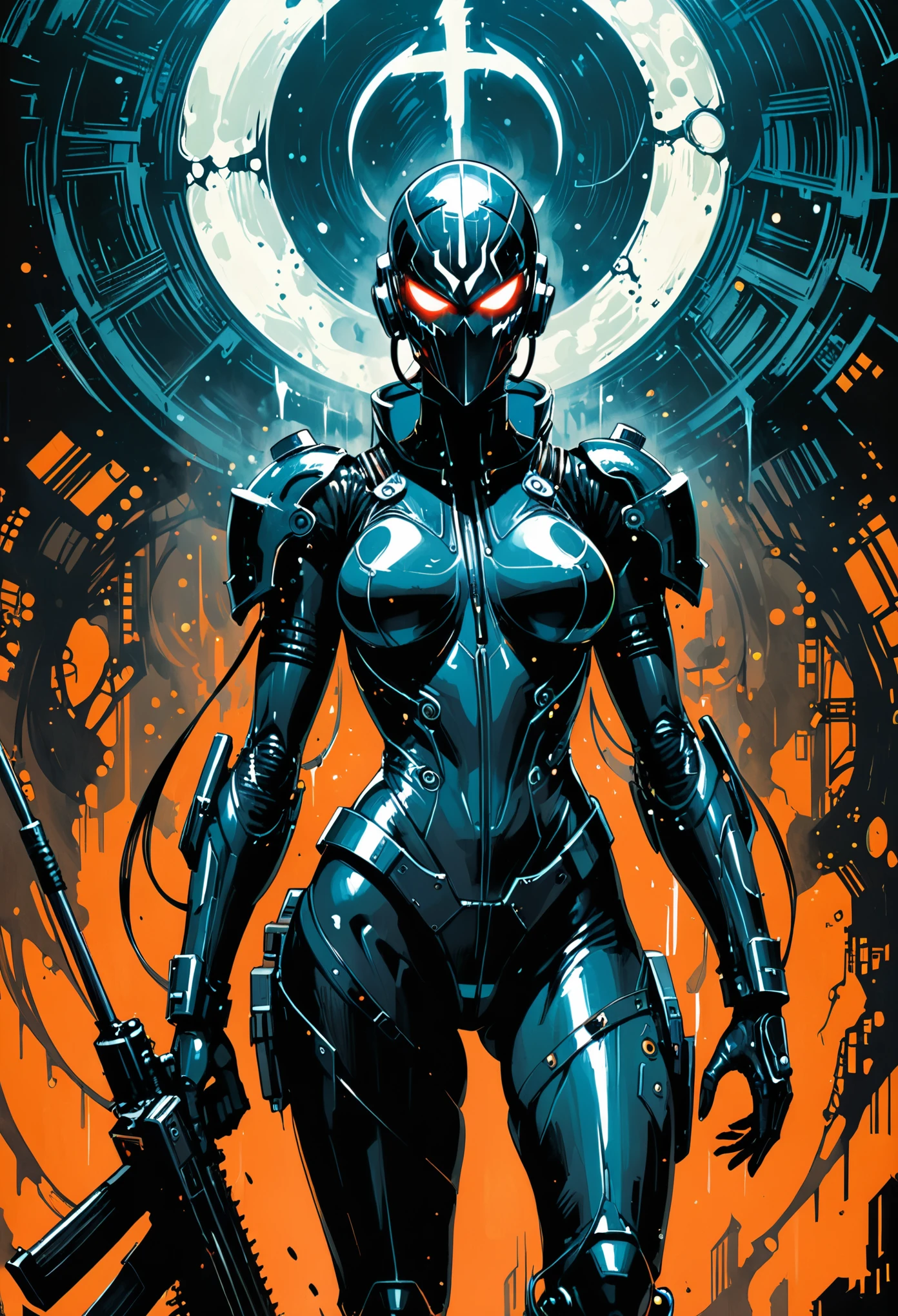 in style of Francesco Francavilla,in style of Ashley Wood,1girl,role conception,terror blood,((death sign)),very detailed,more details,smooth and smooth strokes,shiny Mandelbrot bodysuit armor,Portable heavy weapons,((muscular)),Miracle celestial body,(Cyberpunk art style:1.5)