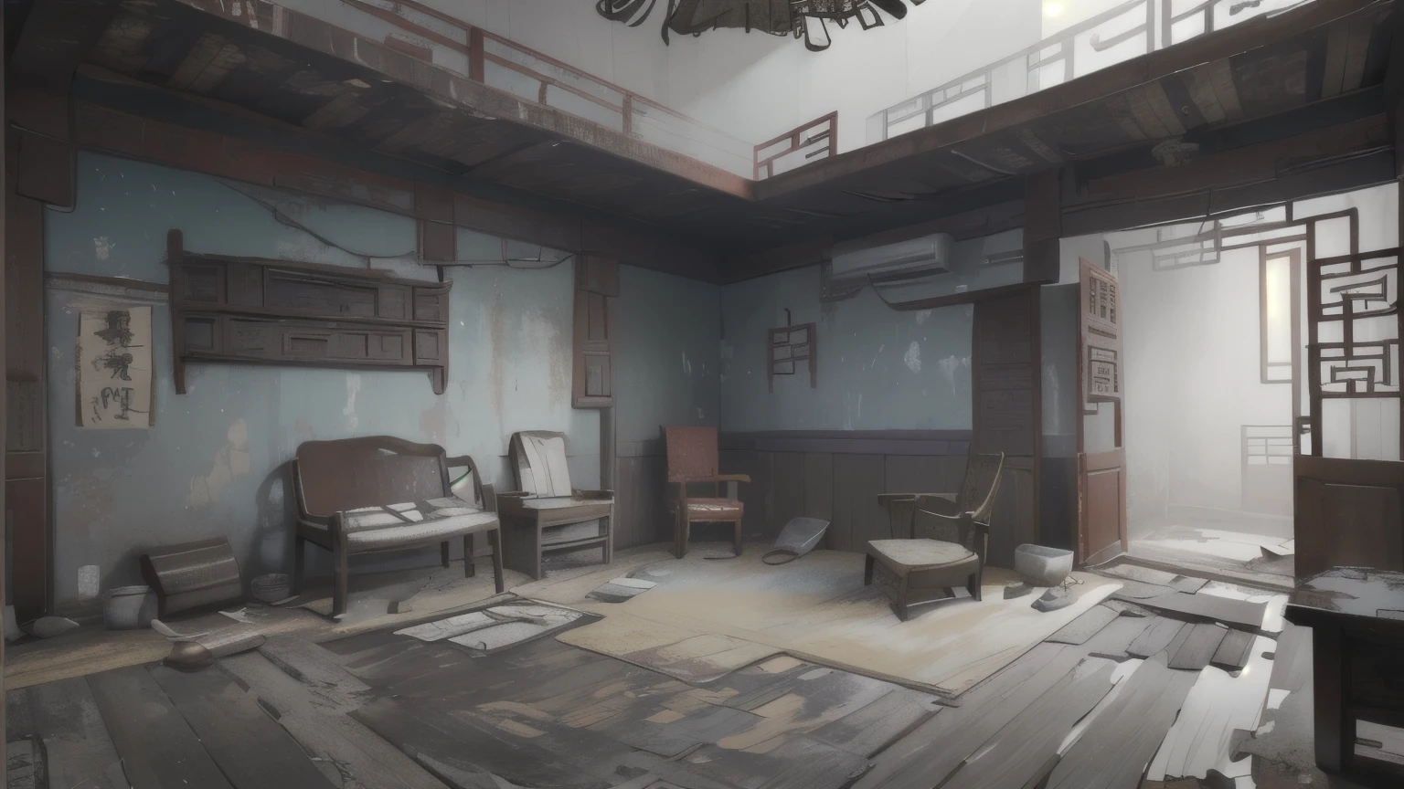 (masterpiece, best quality:1.2), (\sai bo gu feng\),Dilapidated，Game scene，Dilapidated house，Interior scene，Ancient style scene，Dirty mess，Ex，There is a table，Chair，floor