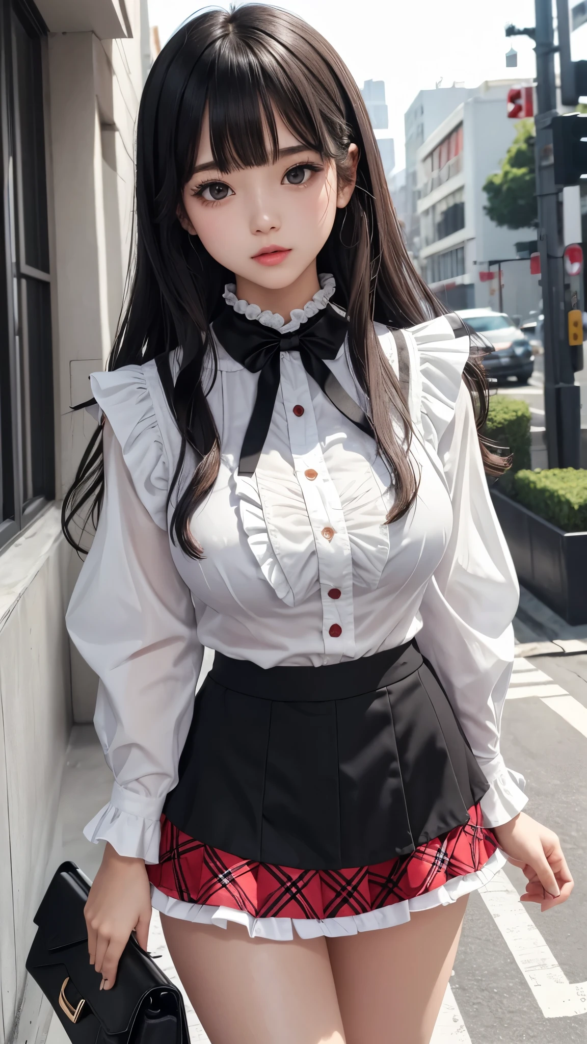 Detailed face、highlight、girl、thigh、breast enhancement、black髪、Heavy bangs、(Frilled shirt、)(Checked mini skirt、black、red、white、)