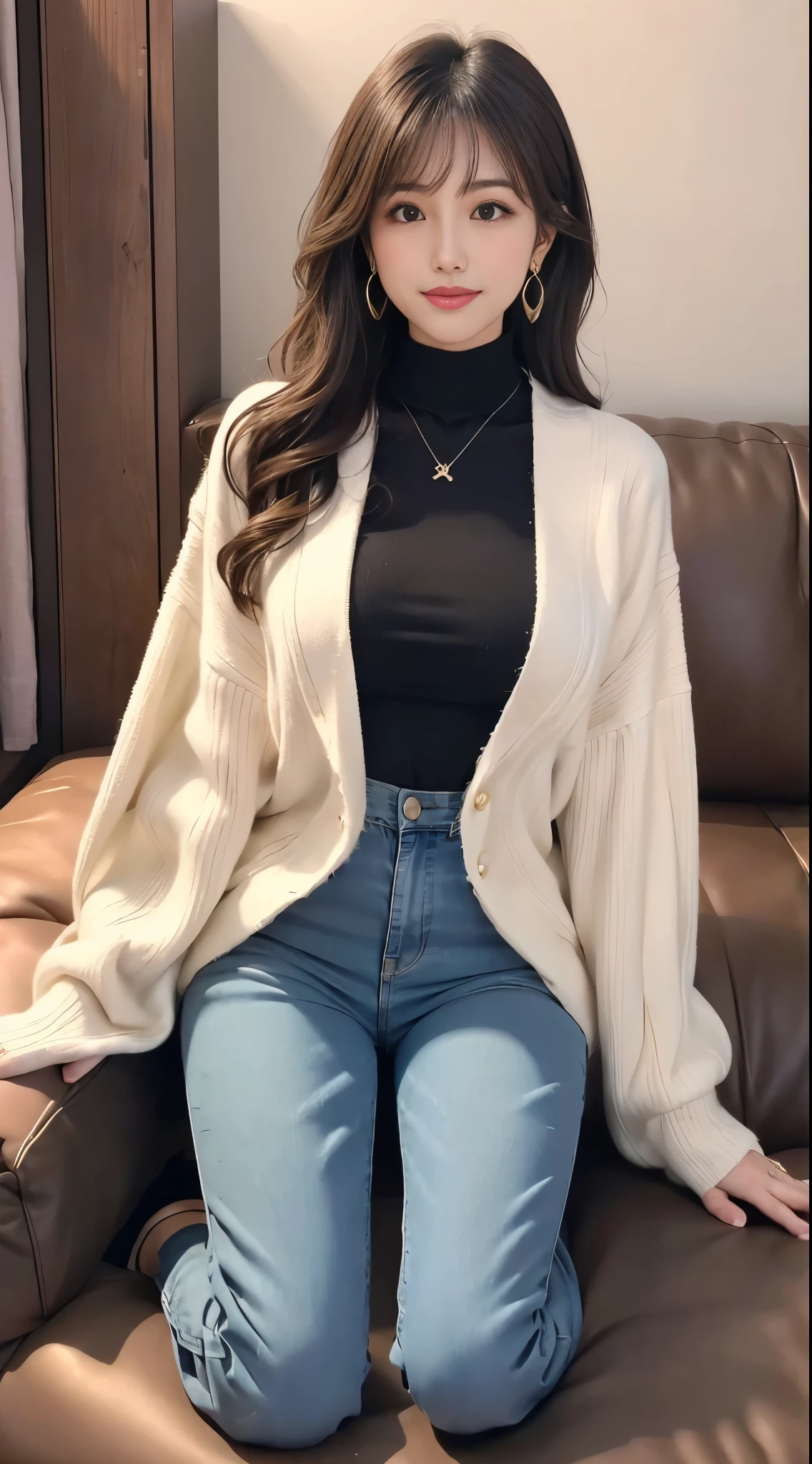 25-year-old woman, Long black wavy hair、Bans、Tight beige turtleneck sweater, Puffy nipples、Denim mini skirt, Jacket、Medium Milk, Soft 、Cute Smile、(((Open both knees、I can see all the pants、Sit upright on one knee)))、Pink lace panties、Sexy Hips、((Sit on the sofa、Sit on a chair))、Emphasize the chest、Sexy pose、Large Necklace、Earrings、Full-body photo、Peach butt