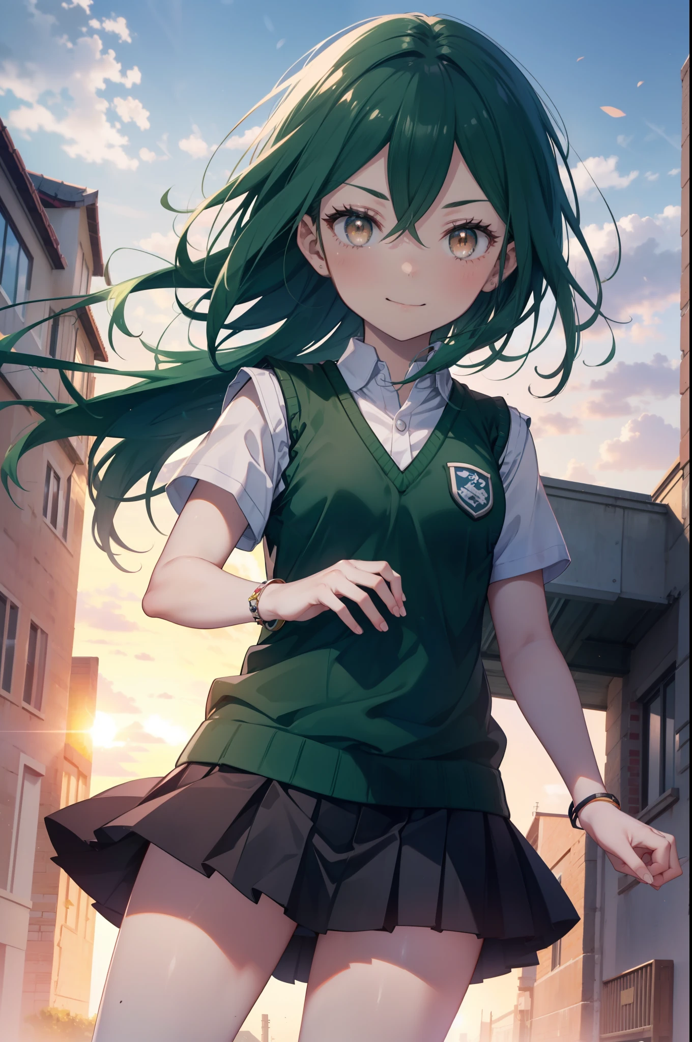 CruschKarsten, Crusch Karsten, Long Hair, Hair between the eyes, Green Hair, (Brown eyes:1.4),smile,,
Armband, White shirt,Short sleeve,Sweater vest, (green Sweater vest:1.5),Black pleated skirt,Black socks,Brown Loafers,whole bodyがイラストに入るように,Sunset,evening,The sun is setting,歩いている
break outdoors, School　courtyard,
break looking at viewer,whole body,
break (masterpiece:1.2), highest quality, High resolution, unity 8k wallpaper, (shape:0.8), (Beautiful and beautiful eyes:1.6), extレムely detailed face, Perfect lighting, extレムely detailed CG, (Perfect hands, Perfect Anatomy),