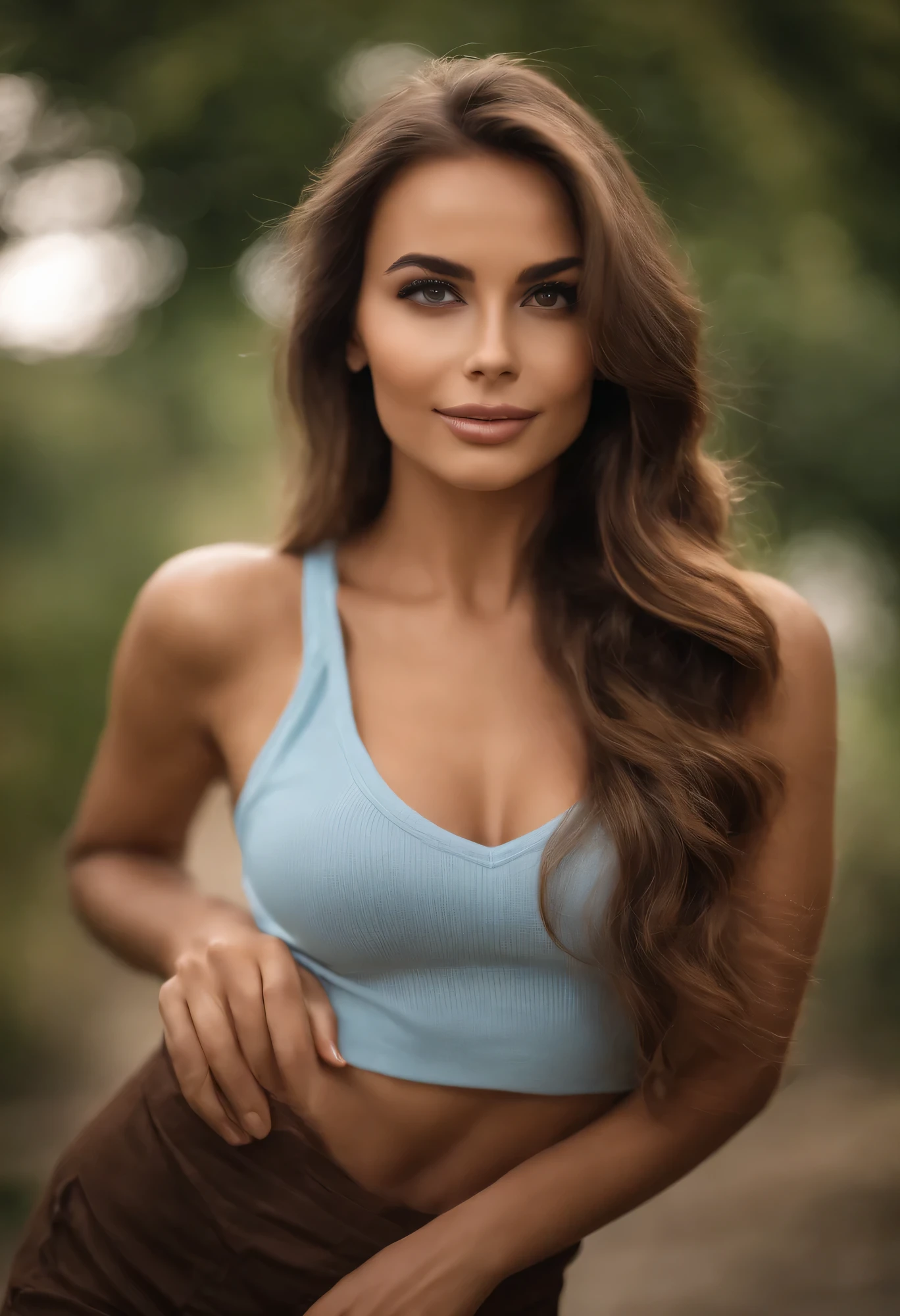 Arafed Woman wearing light blue tank top and necklace, dans un centre commercial, Fille sexy aux yeux marron clair, Portrait de Sophie Mudd, cheveux bruns courts et grands yeux, selfie d&#39;une jeune femme, yeux de la chambre, Violette Myers, sans maquillage, Maquillage naturel, regardant directement la caméra, comment con artgram, maquillage subtil, Impresionante foto de corps entier, yeux verts perçants, bel angle, pose attrayante, mignon , pose sexy, Image du corps entier, corps entier, séance photo sur tout le corps, Brown Goddess, high detail, Pose satisfaite, con jupe y botas grises, jupe, Bottes, Coupe gym, belles jambes et quadriceps