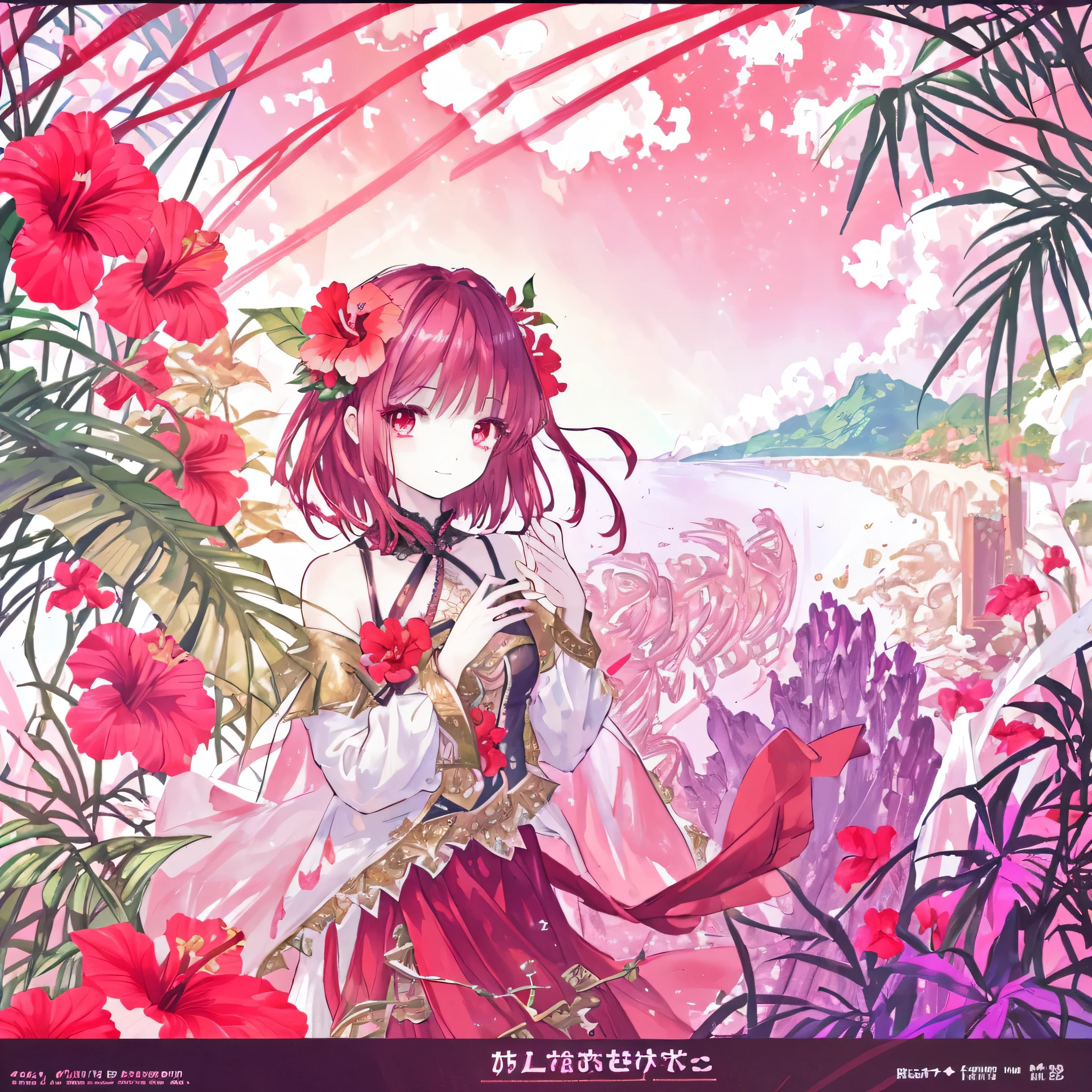 Hibiscus themed artwork, ((highest quality)), High resolution, 8k, Cinematic Light, High Contrast, Written boundary depth、Tropical landscapes、smile、Full of energy、bright、beautiful, Strong brilliance, Detailed Background, One Girl, cute, fine grain, Shining Eyes, Detailed Iris,Healing、showcasing a powerful、