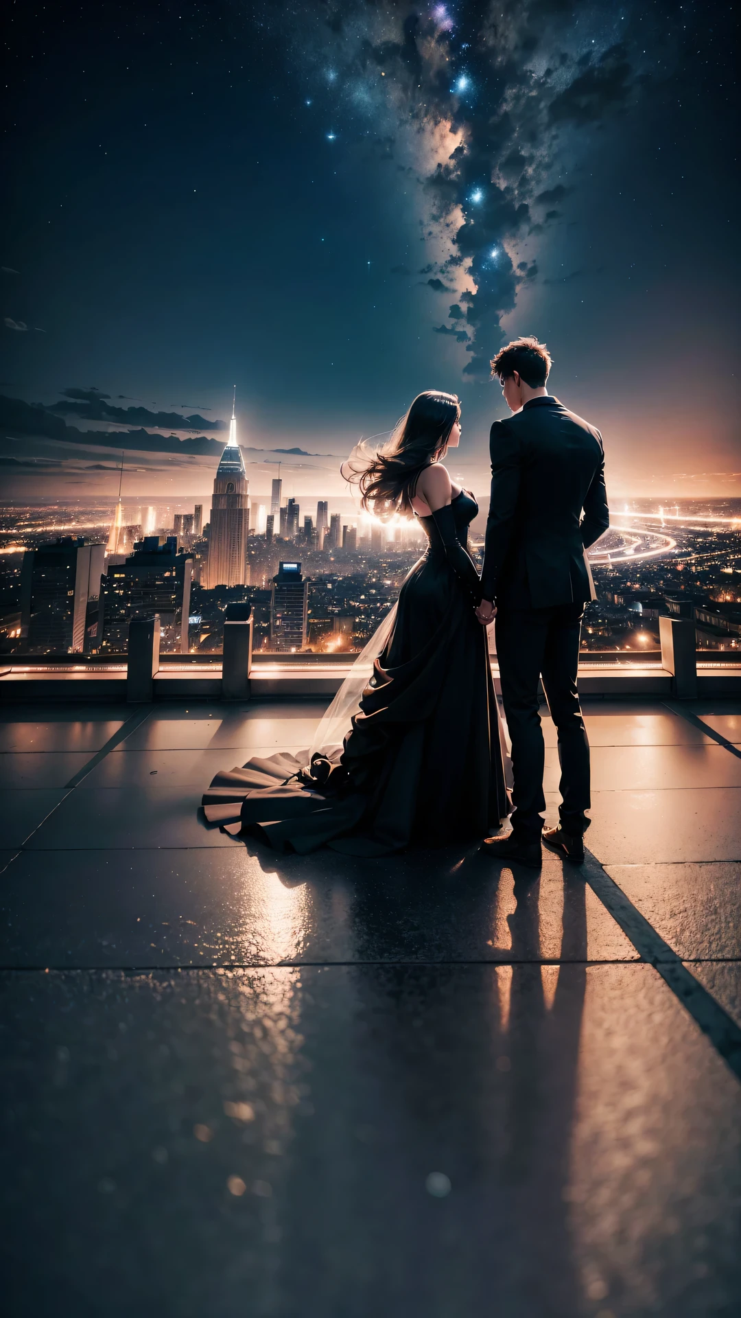 A couple stands against the backdrop of the night sky, creating a beautifully romantic scene with the cityscape in the background, adding an air of mystery to the romantic scene atop the building against the night sky and city lights, (Raw photo, highest quality), (8K, highest quality, masterpiece: 1.2), Super detailed, super resolution