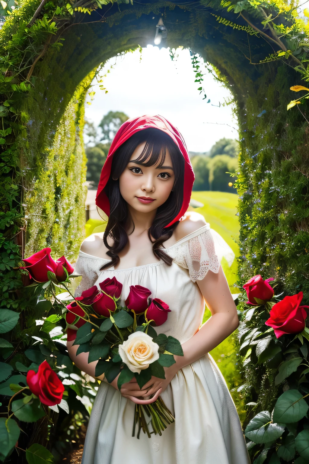 (best quality:1.2),(ultra detailed,highres,HDR,8k,realistic,photorealistic,super fine effects,official art,detailed background), (dynamic pose:1.3), (big red riding hood: 1.3),  (Delicate dress), (Small face: 1.2), (Fairy-tale world feeling: 1.1) , (Put the wicker basket on the ground:1)((Arch wrapped around fragrant roses), (Maze made of hedges full of roses), (Open garden with various types of roses blooming):1.3)