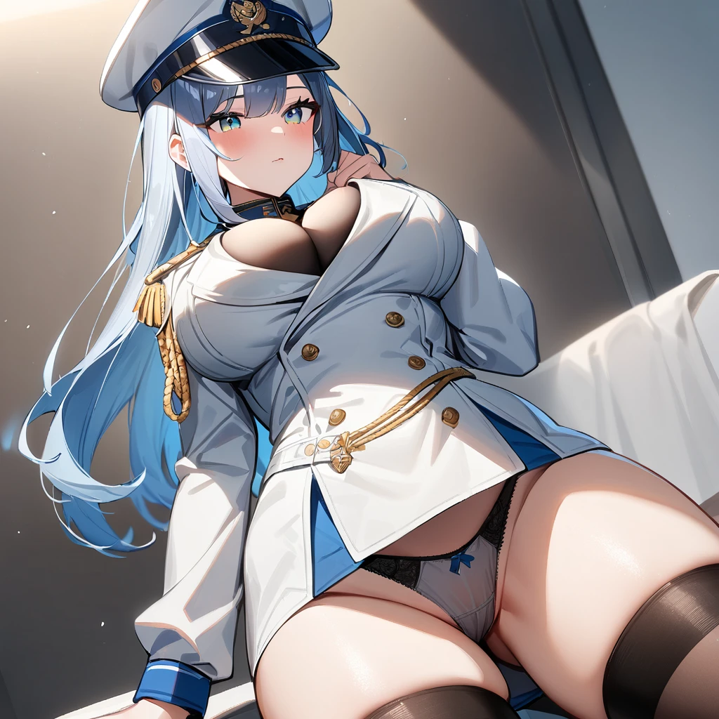 1 girl,Solo,between thighs,masterpiece best quality,very aesthetic,absurdres,medium bangs,big breast,crotch,silver and blue,Bluish silver,military hat,White jacket,jacket,sleeve,miniskirt,front view,stocking,(open),panties,stocking