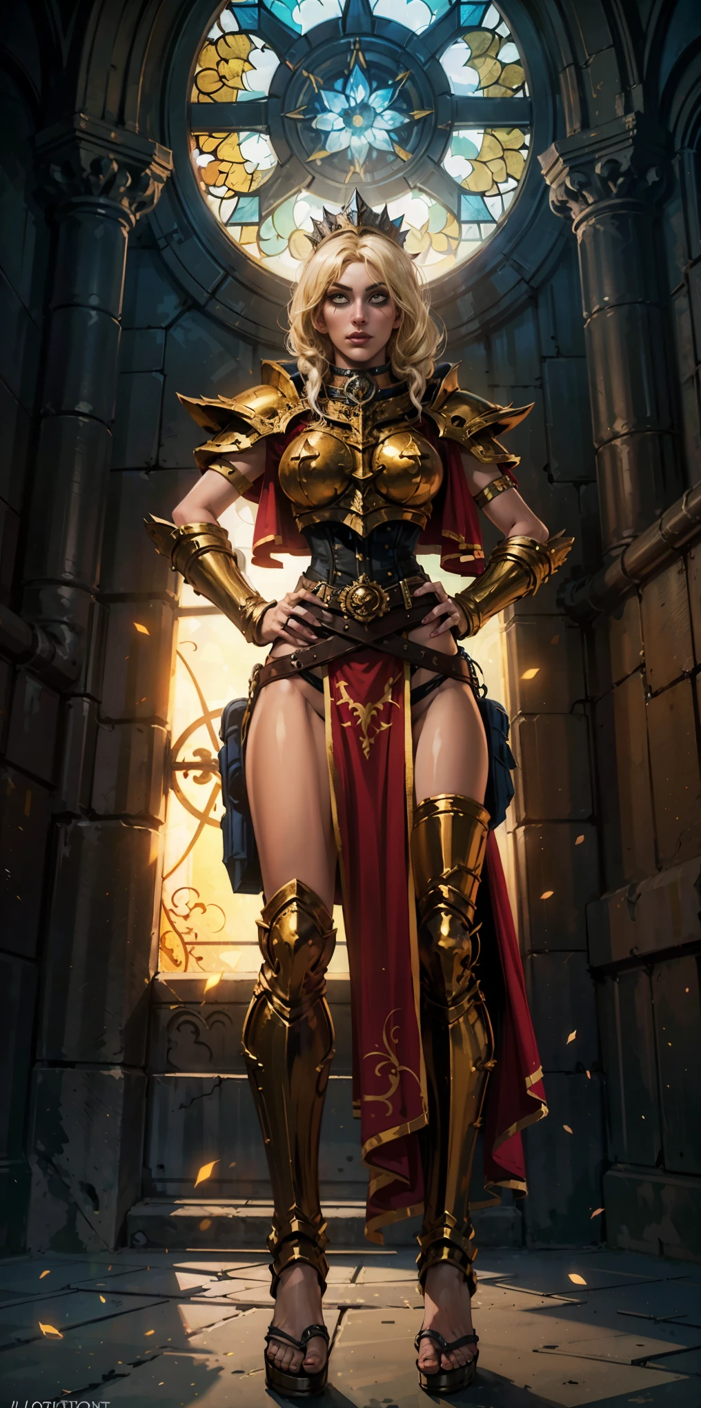 paladin lady in ornate golden armor, black collar, pauldrons, breastplate, corset, glowing halo, single braid, blonde, yellow glowing eyes, bright pupils, eye focus, red cape, temple indoors, stained glass windows, night, moonlight, particles, light beam, chromatic aberration, (full body, whole body. 1solo (girl). slave fighter, loincloth standing, hands on hips full body, whole body. 1solo (girl). slave fighter, loincloth standing, hands on hips, metal sandals, backpack, choker, big belt, view from below, feet together, bracers, tiara)