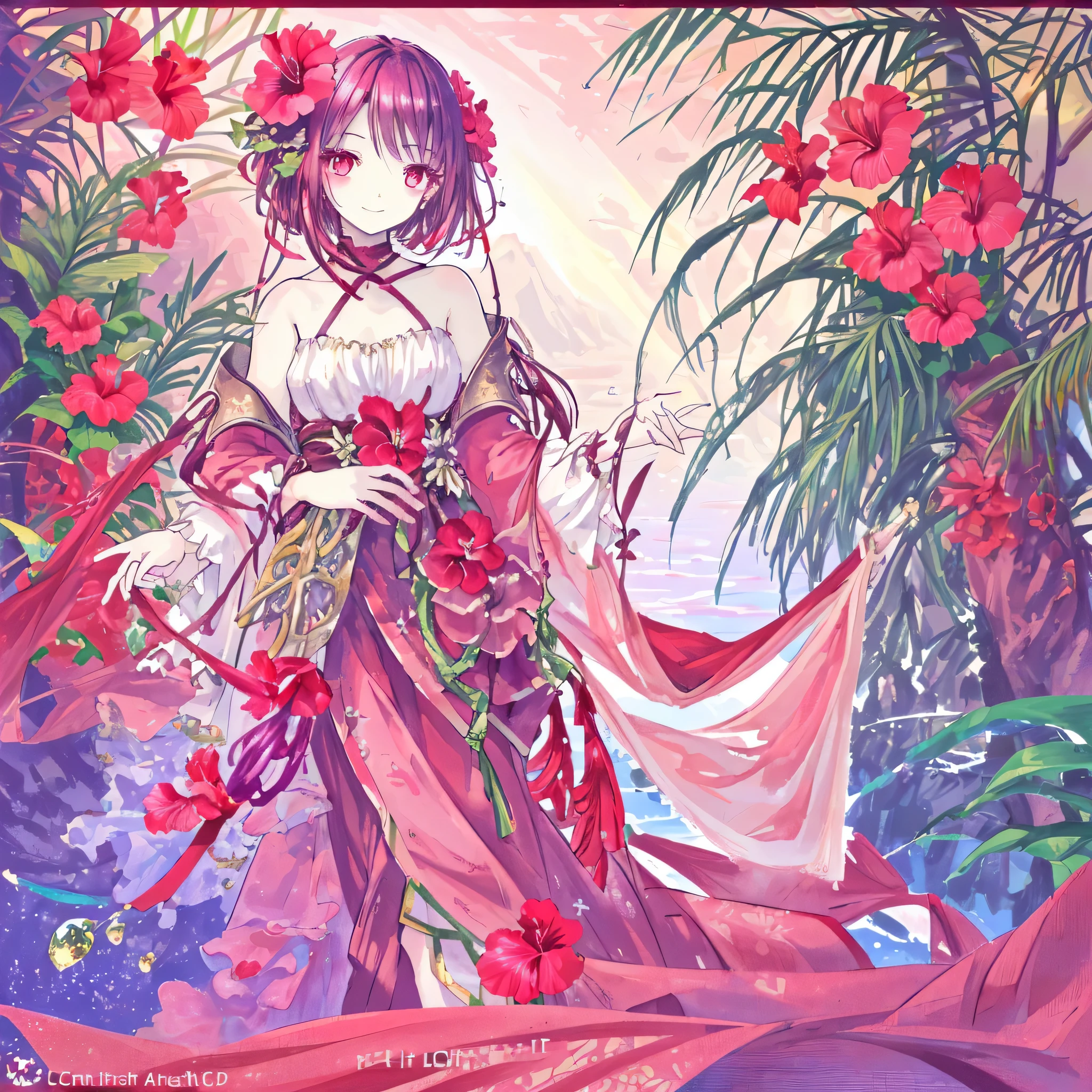Hibiscus themed artwork, ((highest quality)), High resolution, 8k, Cinematic Light, High Contrast, Written boundary depth、Tropical landscapes、smile、Full of energy、bright、beautiful, Strong brilliance, Detailed Background, One Girl, cute, fine grain, Shining Eyes, Detailed Iris,Healing、showcasing a powerful、
