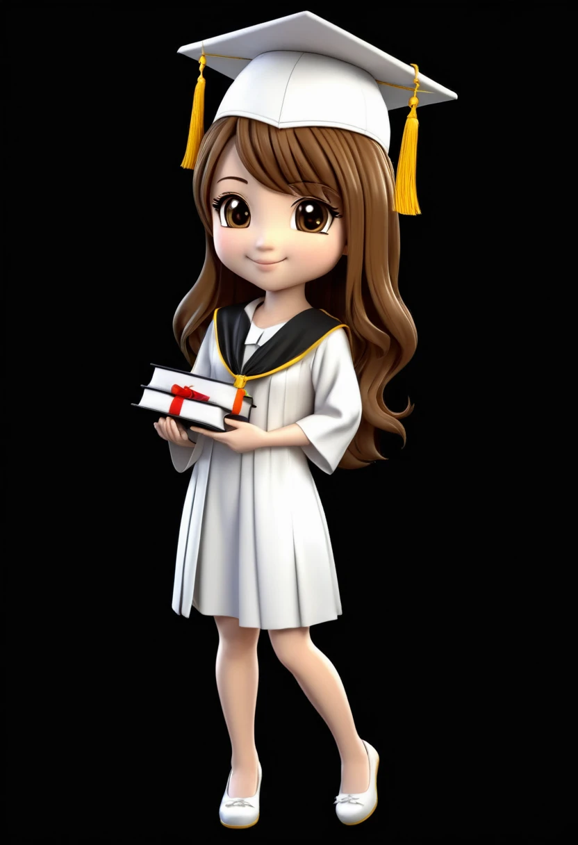 a that graduate in a white dress with medal or ribbon , graduation white cap and holding a diploma in 3D or chibi anime black background