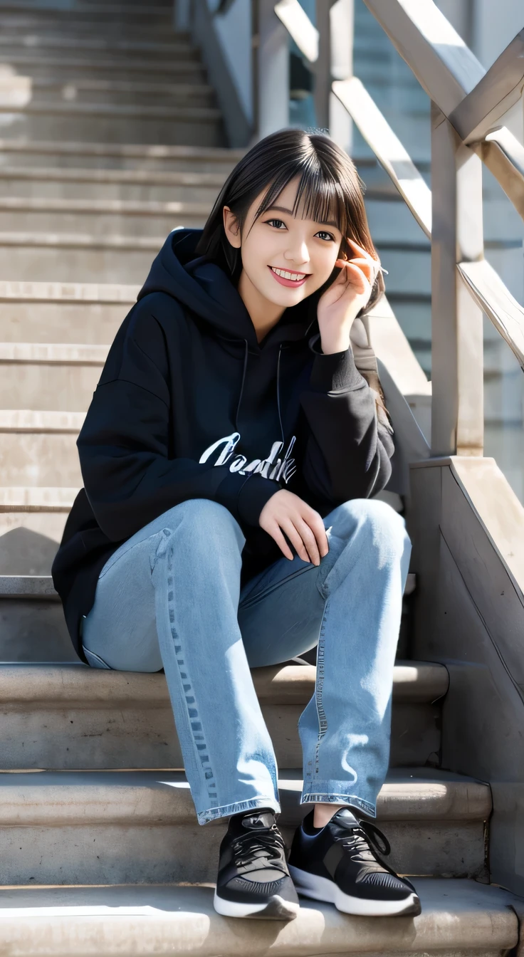highest quality, Realistic, Very detailed, Finer details, High resolution, 8k wallpaper, One beautiful woman,Sit on the stairs、smile、、（Black socks） Oversized hoodie, Skinny jeans,（ Black sneakers）、Black Hair、 Beautiful Bangs、ear piercing、Perfect dynamic composition, Beautiful and detailed, Full Body Shot, A big smile waiting to start
