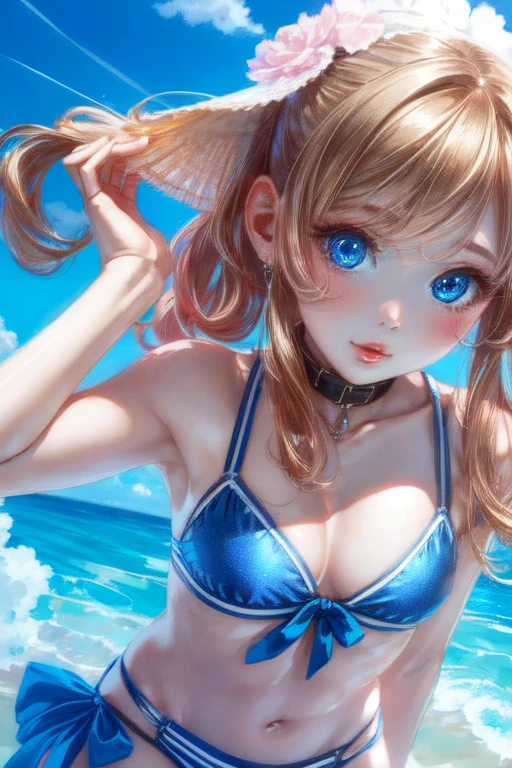 highest quality、Beach、Swimwear、One Girl、Blue Eyes、Young realistic anime girl、Realistic anime art style、Captivating look 、8K