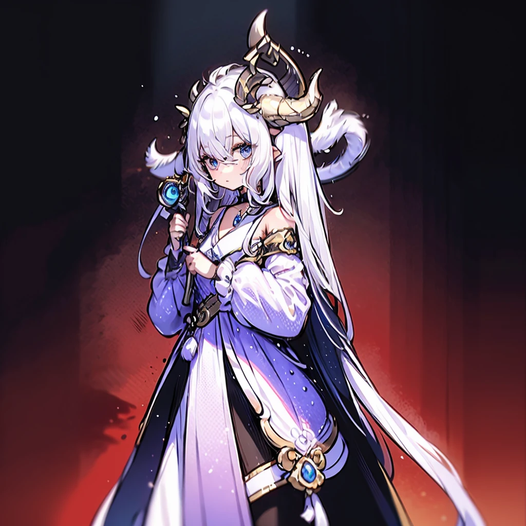 ((masterpiece)), ((bestquality)), 1 girl, solo, a 15-year-old girl, white hair, blue eyes, detailed face, dragonian_head, dragonian_body, dragonian_hairstyle, dragonian_horns, dragonian_tail, white tail, white long dress, black choker, silver circlet on head, close range, holding sceptre, blank background