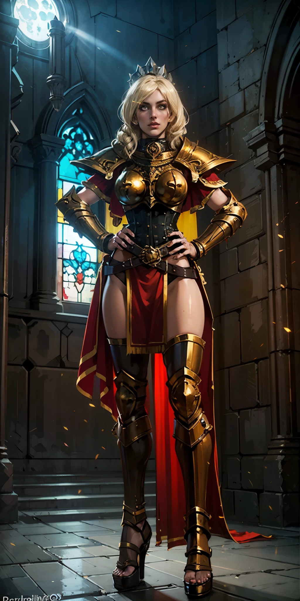 paladin lady in ornate golden armor, black collar, pauldrons, breastplate, corset, glowing halo, single braid, blonde, yellow glowing eyes, bright pupils, eye focus, red cape, temple indoors, stained glass windows, night, moonlight, particles, light beam, chromatic aberration, (full body, whole body. 1solo (girl). slave fighter, loincloth standing, hands on hips full body, whole body. 1solo (girl). slave fighter, loincloth standing, hands on hips, metal sandals, backpack, choker, big belt, view from below, feet together, bracers, tiara)