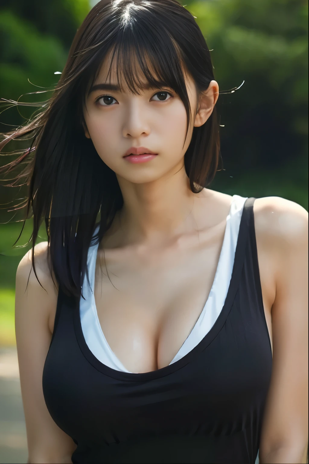 highest quality, masterpiece, Ultra-high resolution, (Realistic:1.4), RAW Photos, 1 girl, Black Hair, Shiny skin, Sweaty body, Dramatic lighting, whole body, Female dog, Tank top, Huge breasts