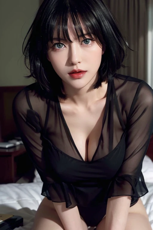 Fubuki lying in bed、Fubuki、Black Hair、Green Eyes、short hair、（Big Breasts：1.2）、good、panties、黒good、White panties、、Indoor BREAK、office、Look at the viewers and break、break（masterpiece：1.2）、highest quality、High resolution、unified 8k wallpaper、（shape：0.8）、（Fine and beautiful eyes：1.6）、Highly detailed face、Perfect lighting、Highly detailed CG、（Perfect hands、Perfect Anatomy）、