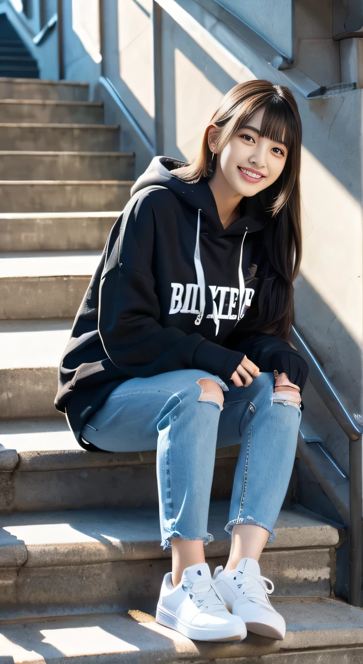 highest quality, Realistic, Very detailed, Finer details, High resolution, 8k wallpaper, One beautiful woman,Sit on the stairs、smile、、(Black socks) Oversized hoodie, Skinny jeans,( Black sneakers)、Black Hair、 Beautiful Bangs、ear piercing、Perfect dynamic composition, Beautiful and detailed, Full Body Shot, A big smile waiting to start