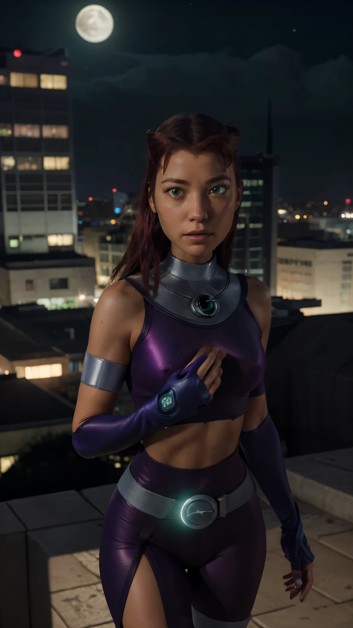 Starfire- Titans, orange skin, solo, red hair, gloves, 1girl, action shot, girl focus, boots, belt, abs, skin tight, realistic, superhero, spandex, (bodysuit), green eyes, detailed eyes, city, night, moon, ultra realistic,32k,RAW photo,(high detailed skin:1.2), 8k uhd, dslr, soft lighting, high quality, film grain, GLOWING GREEN HANDS, hovering in the sky, photo-realistic, octane render, unreal engine, ultra-realistic