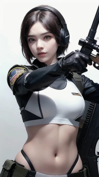 (Top Quality, Ultra High Definition, Photorealistic:1.4), (cowboy shot:1), 1 Beautiful Girl, (Kpop Idol), Detailed Face, (Hair Style: Pink:1, fullbang, shortbob-style:1), Contrapposto, Perfect Anatomy, , Professional Lighting, ((wearing Futuristic Police Racing Suits, low-minkirt, police wappen, High-tech Headset, military waist gun-holder, racing gloves, transceiver, handgun)), (Cloths colors based on silver pink black white), (background, crashed cars, fire, (Explosion)),
