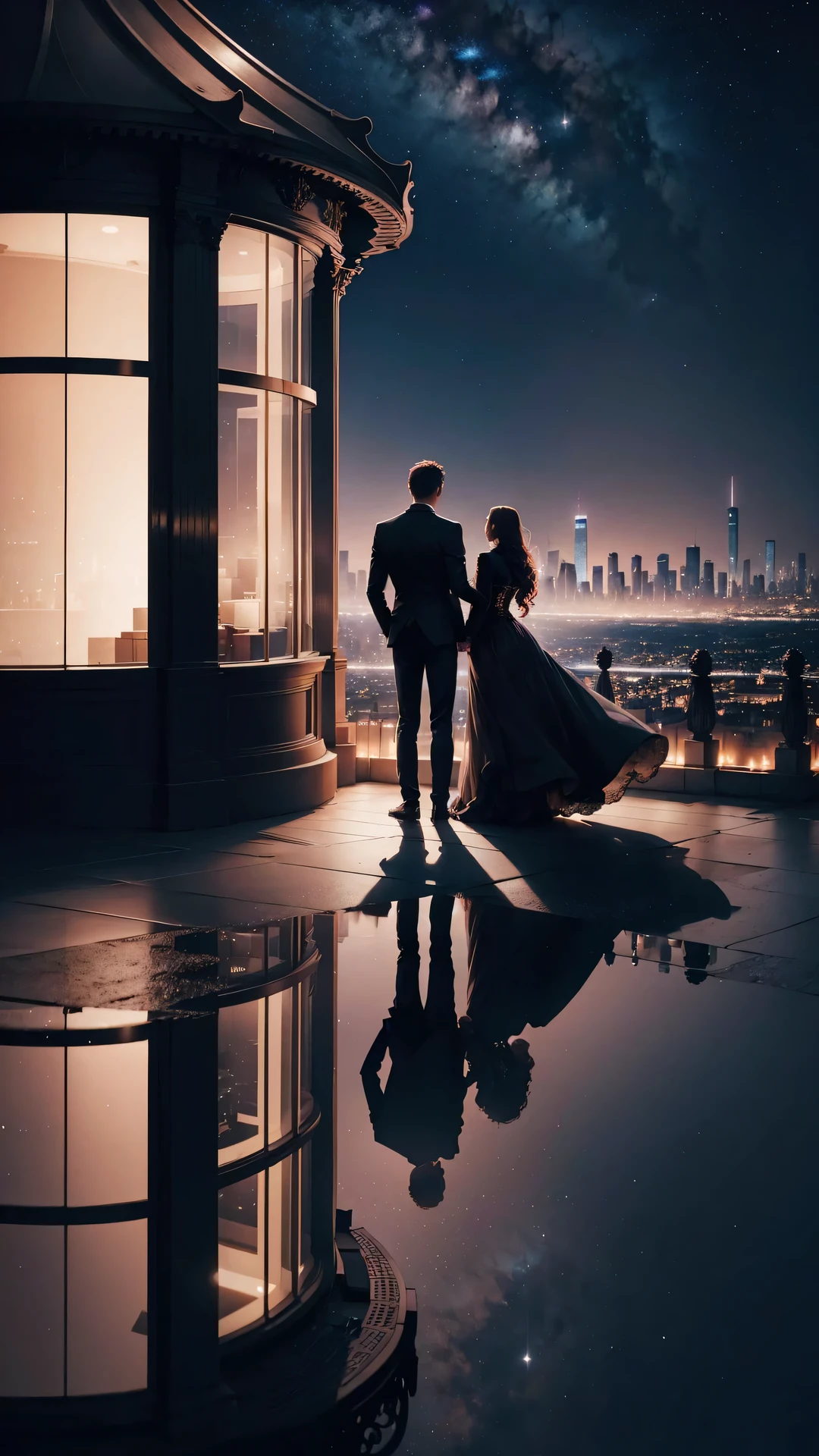 A couple stands against the backdrop of the night sky, creating a beautifully romantic scene with the cityscape in the background, adding an air of mystery to the romantic scene atop the building against the night sky and city lights, (Raw photo, highest quality), (8K, highest quality, masterpiece: 1.2), Super detailed, super resolution