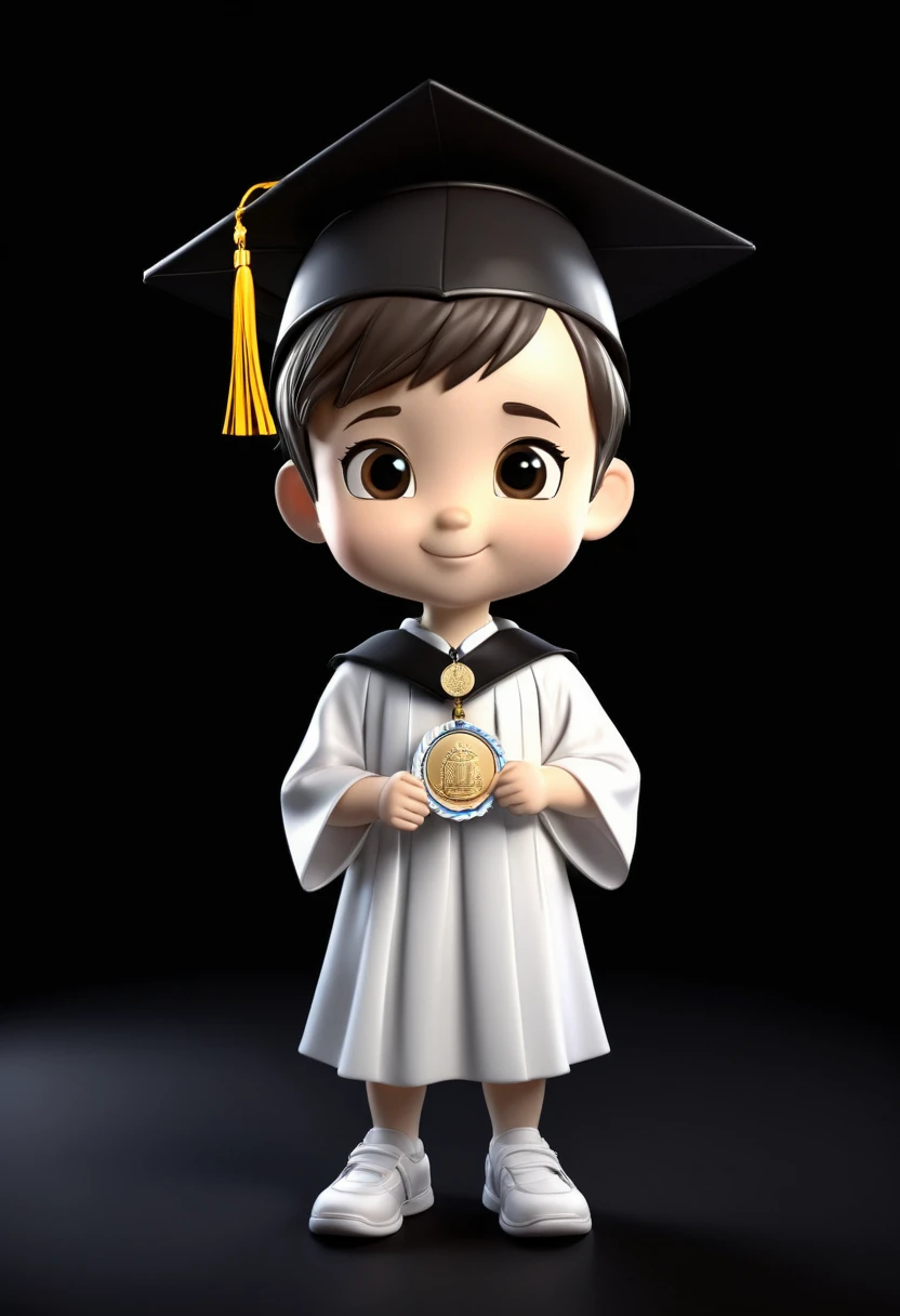 a  little boy that graduate in a white dress with medal or ribbon , graduation white cap and holding a diploma in 3D or chibi anime black background
