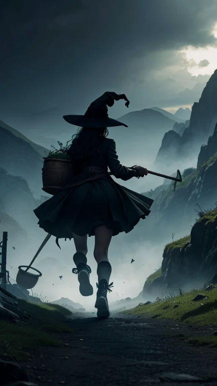 A big witch silhouette is in the middle holding a cauldron with green slime inside it. Under the cauldron there were boys and girls who looked scared. The boy and girl were seen running from behind the mountain.