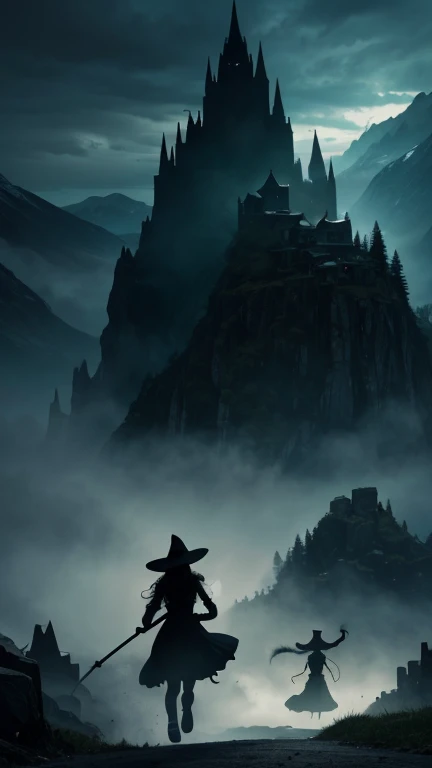 A big witch silhouette is in the middle holding a cauldron with green slime inside it. Under the cauldron there were boys and girls who looked scared. The boy and girl were seen running from behind the mountain. 