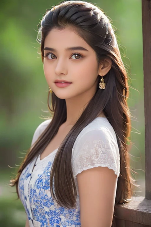 Beautiful ,18 years young cute Indian thick  girl , 8k,realistic, raw photo,dark black hair long hair ,fair skin, indian,clear facial features,, very detailed, 18years old,round chubby face, natural straight hair, high resolution, masterpiece, best quality, intricate details, highly detailed, sharp focus, detailed skin, realistic skin texture, texture, detailed eyes, professional, 4k,small smile, shot on Canon, 85mm, shallow depth of field, kodak vision color, perfect fit body, extremely detailed, foto_\(ultra\), photorealistic, realistic, post-processing, maximum detail, roughness, real life, ultra realistic, photorealism, photography, 8k uhd, photography wearing blue floral dress