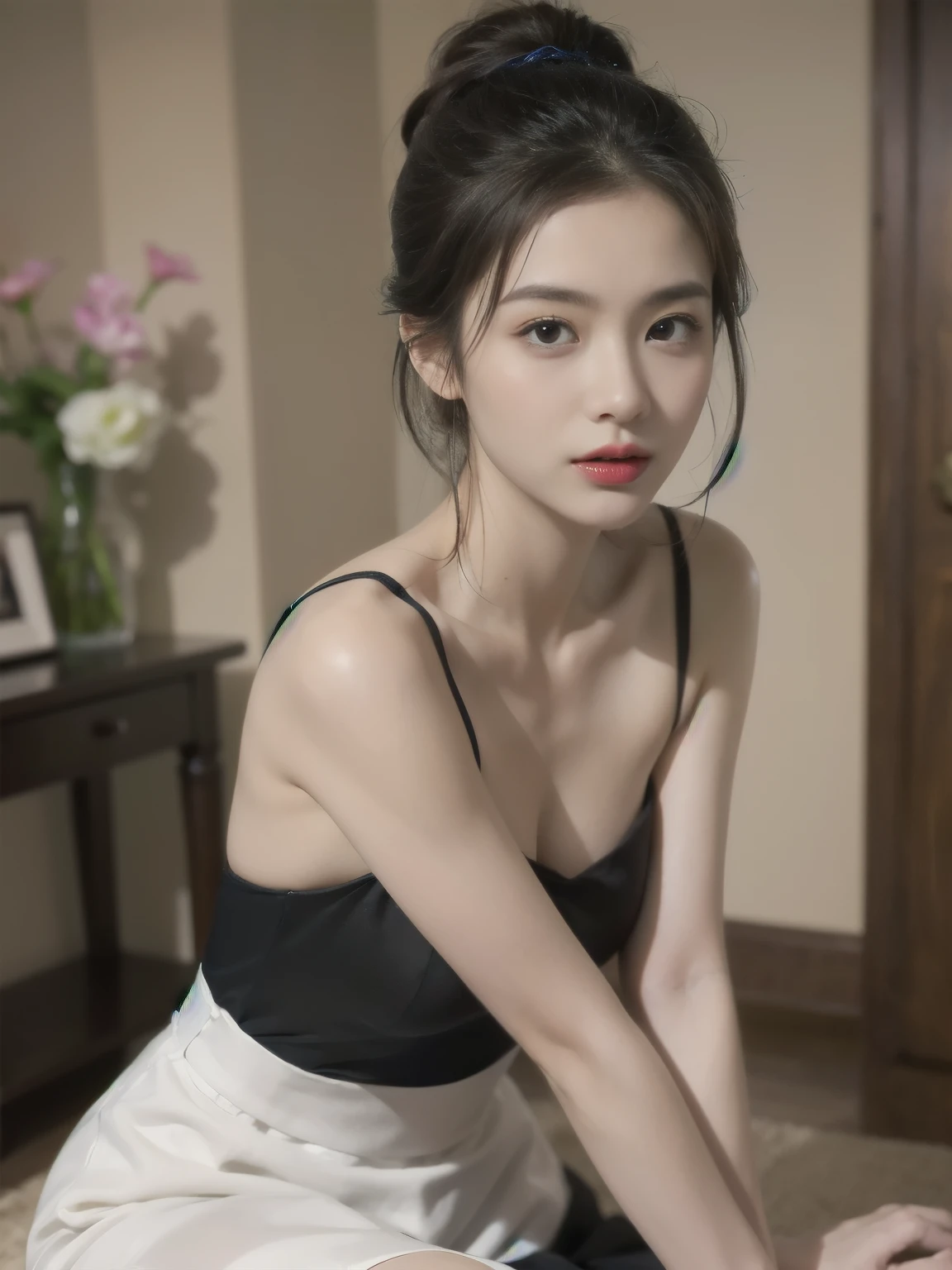 一位woman坐在房间里,She is wearing a black and white maid outfit。她的hair是棕色的,Tie it into a high ponytail,Exquisite makeup on face,Includes red lipstick。Her eyes looked directly into the camera,Slightly provocative expression。beautiful brown hair、Beautiful and delicate eyes、Brown eyes、Raise an eyebrow、high nose、Small nostril、Little mouth、Seductive lips slightly parted、Beautiful breasts、C cup size breasts、cleveage、Full figure、Perfect proportion、Perfect anatomical structure、perfect composition、Beautiful and detailed shadows、beautiful natural light、beautiful detailed glow房间看起来有些凌乱,Various items were scattered on the floor,Such as clothing、Shoes and other sundries。Some furniture can be seen in the background,Like chairs and doors。The whole scene gives people a relaxed and interesting atmosphere。((((best quality))))、(((Super fine CG16K wallpaper)))、(((masterpiece)))、(((Ultra Detailed)))、(((Extremely detailed)))、1people'woman、Mature woman、25 岁woman、((Japanese face))、((Very beautiful face))、((Keiko Kitagawa :1.5))、((middle hair:1.3))、(shiny hair)、Bangs all the way to eyebrows、beautiful brown hair、Beautiful and delicate eyes、Brown eyes、Raise an eyebrow、high nose、Small nostril、Little mouth、Seductive lips slightly parted、Beautiful breasts、C cup size breasts、cleveage、Full figure、Perfect proportion、Perfect anatomical structure、perfect composition、Beautiful and detailed shadows、beautiful natural light、beautiful detailed glow、Writing limit depth、(((High chroma)))、(((real:1.9)))、((vivid:1.4))、((beautiful skin))、((Texture))、((realな皮膚感))、(((Cowboy shooting:1.5)))、((From the front view:1.5))、((Smile:1.4))、(Eyes on me:1.5)、Bright sunshine、(((Park Square:1.3)))、(standing posture:1.5)、(((Navy Off Shoulder Knit Mini Dress:1.5)))、